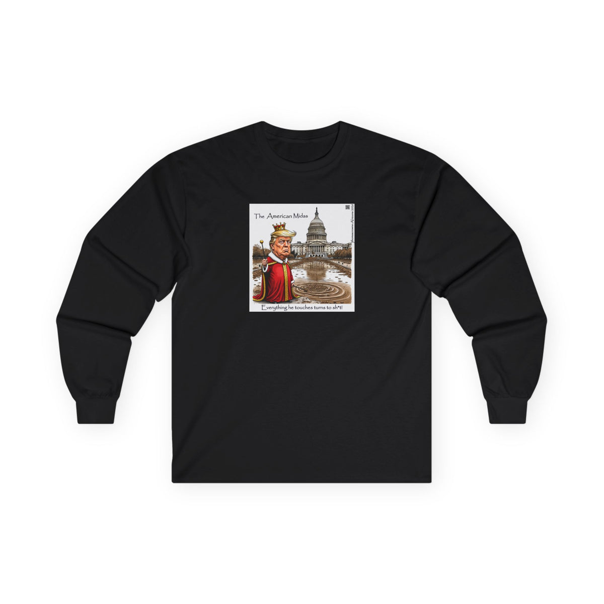 American Midas black long sleeve anti-capitalist tee, featuring a classic fit and durable taped shoulders.
