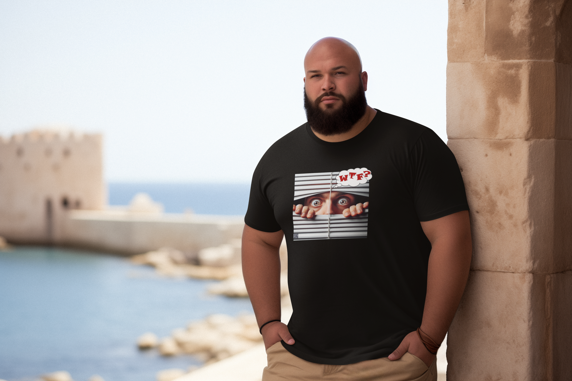 WTF White Male Model Activist Tshirt worn by a man outdoors near water, showcasing a bold design.