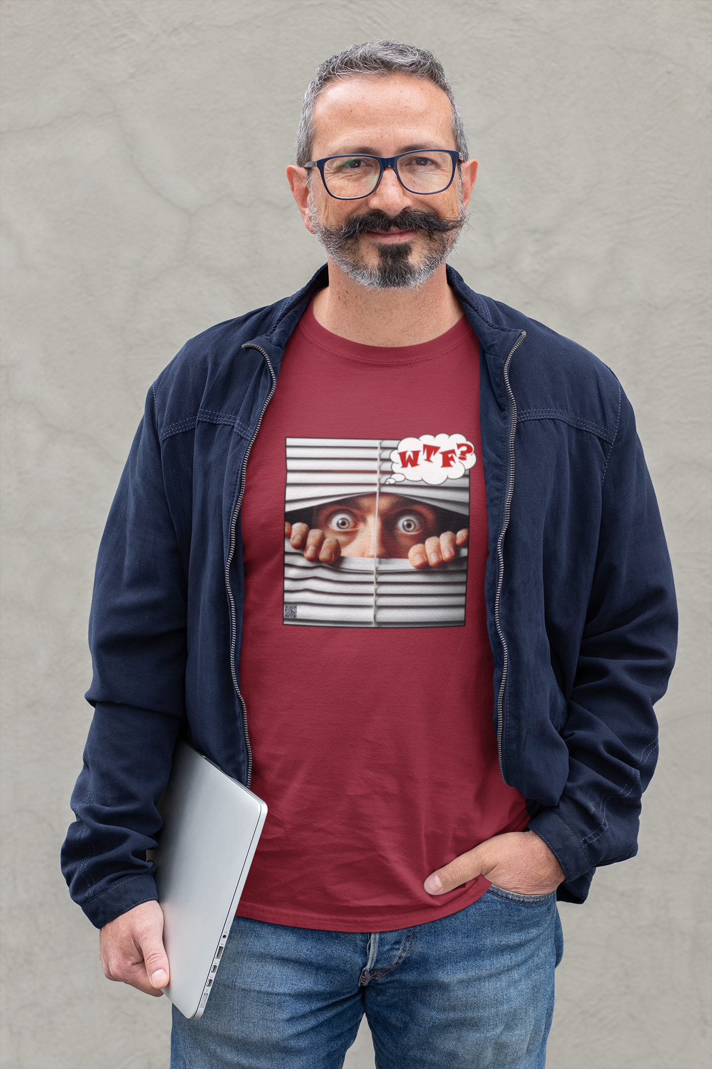 WTF White Male Model Activist Tshirt worn by a man holding a laptop, featuring a bold graphic design.