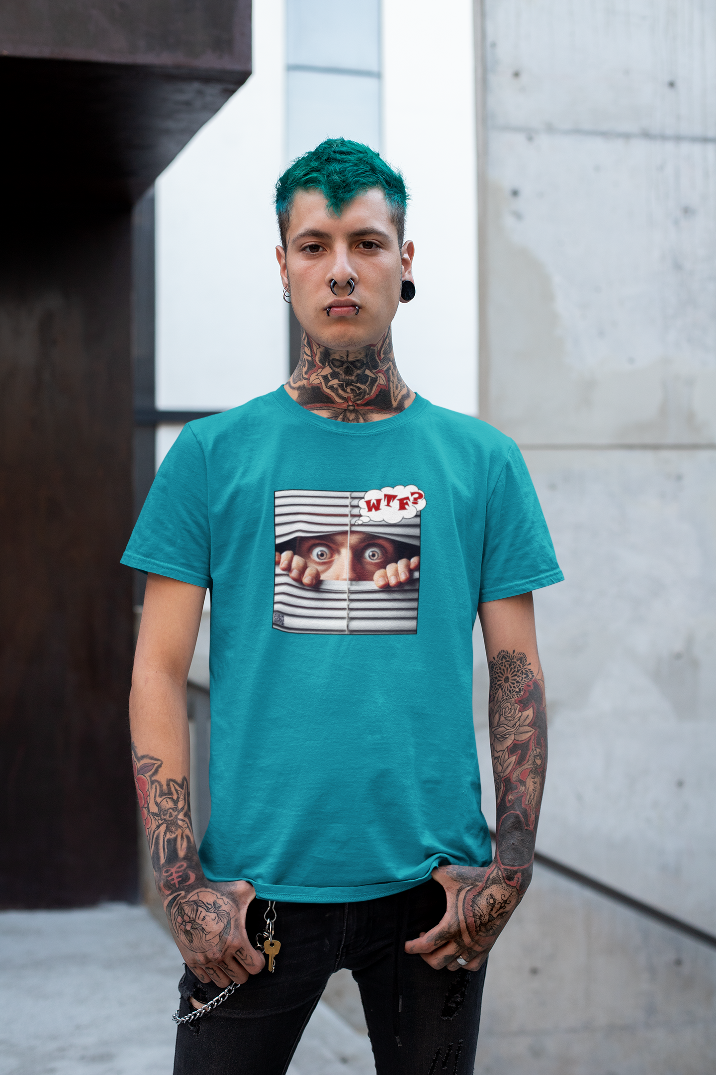 WTF White Male Model Activist Tshirt worn by a model with teal hair and tattoos, featuring a striking design.
