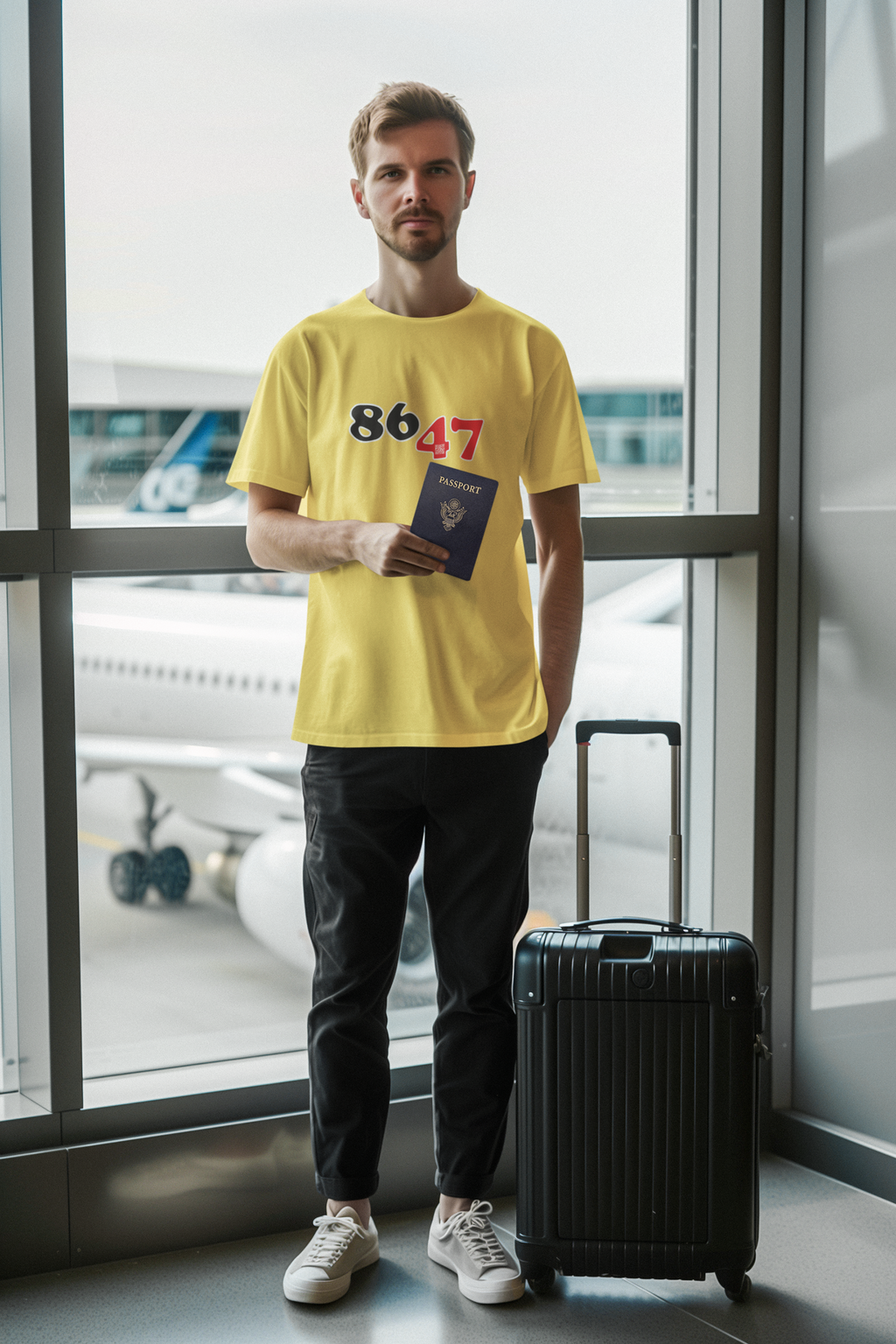 young bearded white man waiting with his roll on suitcase in an airport terminal  holding his passport and wearing black slacks and a yellow haze 8647 protest tshirt signifying the desire to get Trump out of office