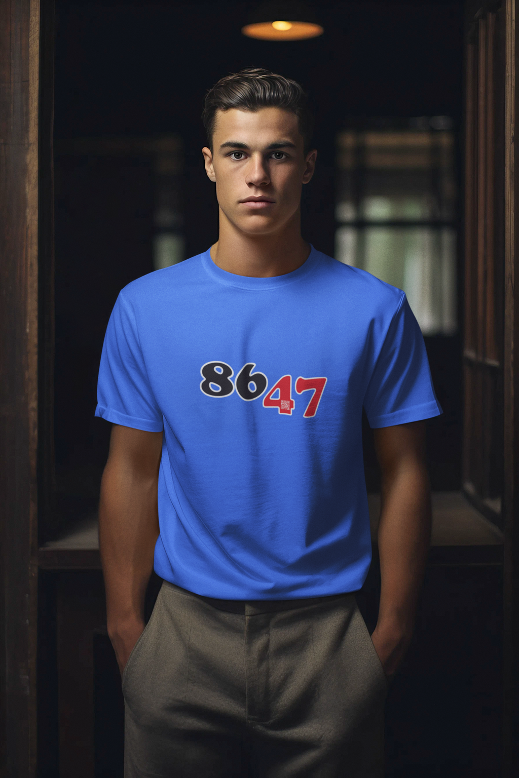 young white man standing in a darkened room staring blankly, hands in pockets, wearing gray slacks and a carolina blue 8647 protest tshirt signifying the desire to get Trump out of office
