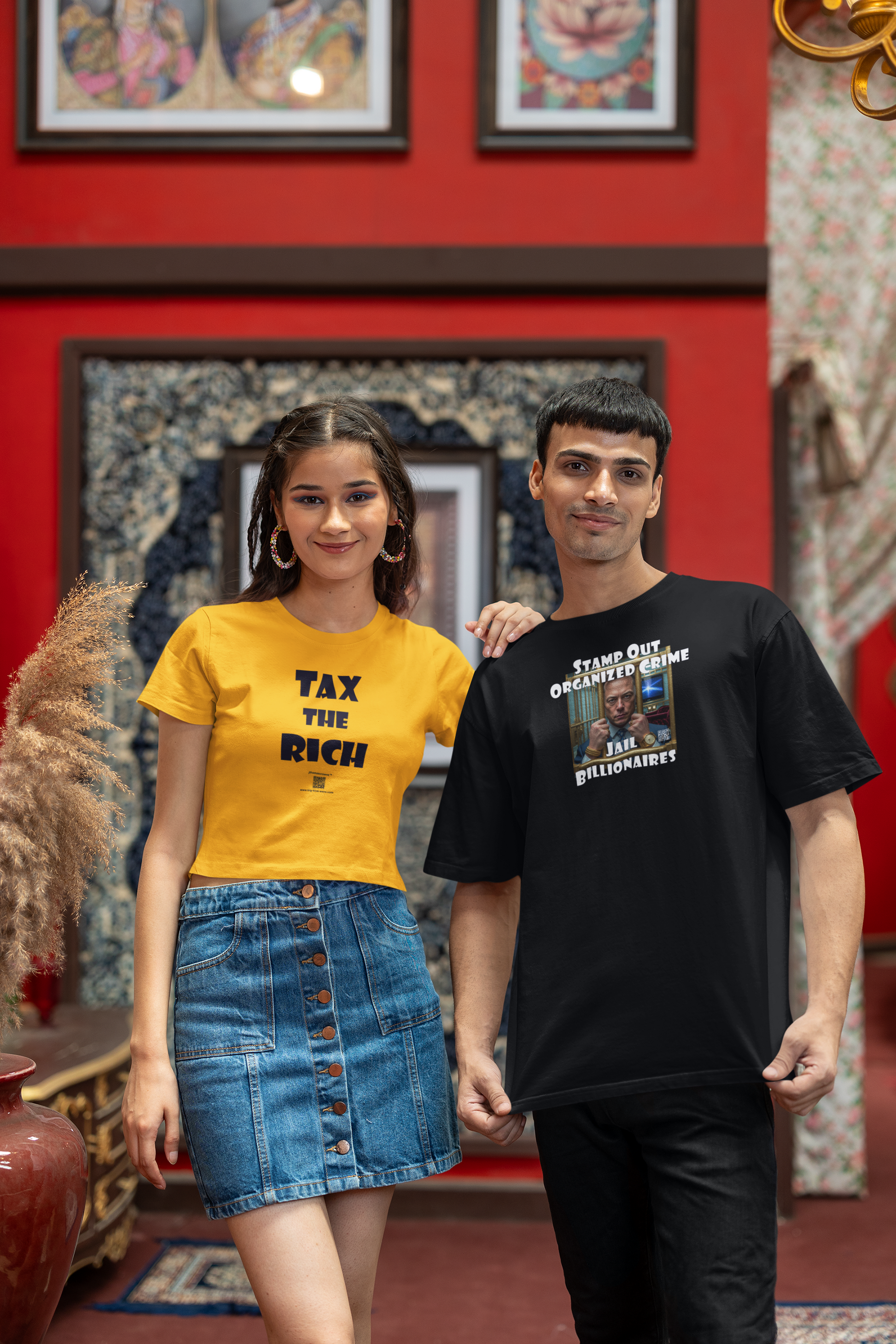 Young adults wearing activist t-shirts, featuring 'Tax the Rich' and 'Stamp Out Organized Crime-Jail Billionaires Activist T-shirt'.