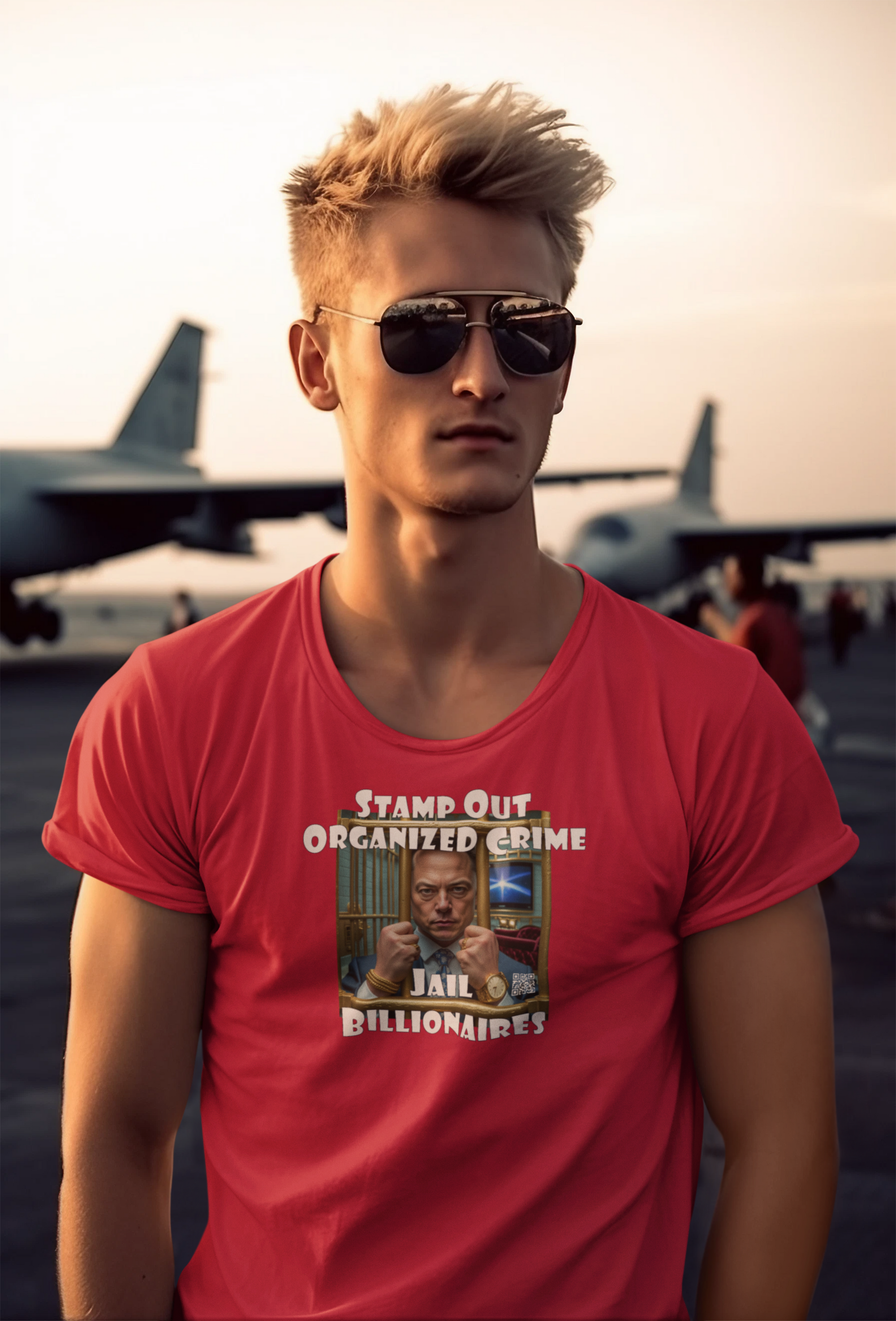 Stamp Out Organized Crime-Jail Billionaires Activist T-shirt worn by a young man at an outdoor location.