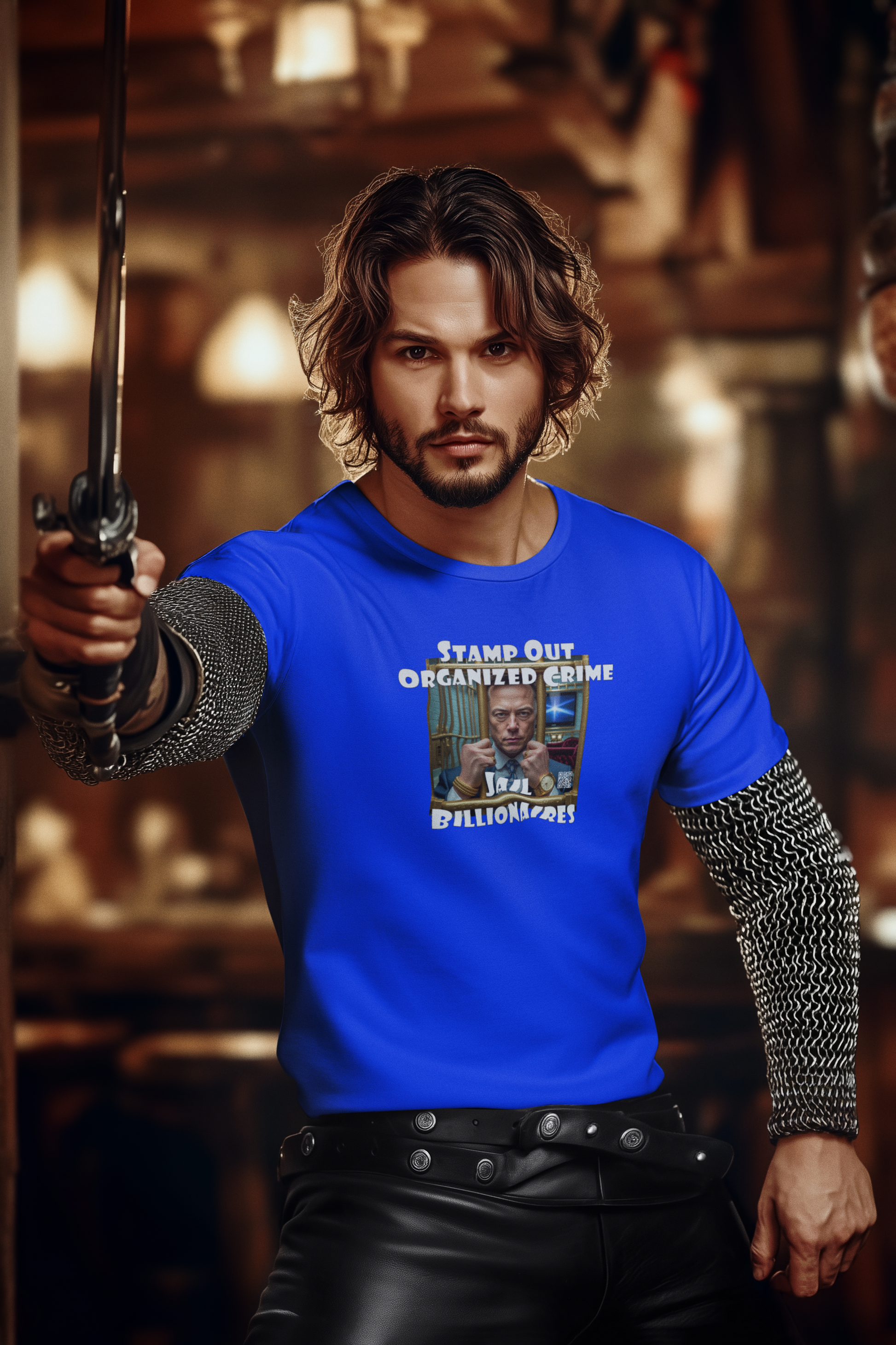 Man wearing a blue Stamp Out Organized Crime-Jail Billionaires Activist T-shirt, holding a sword.