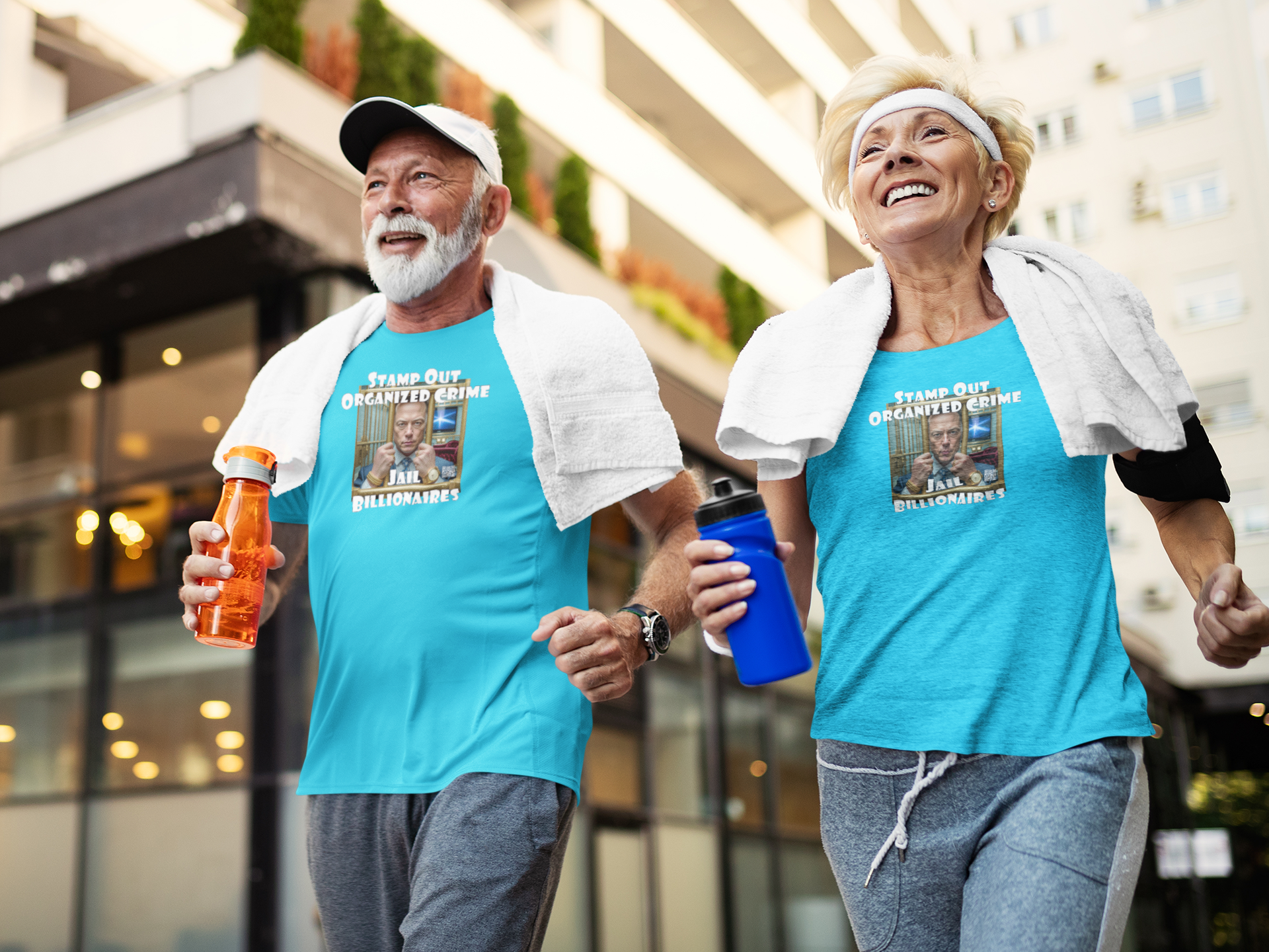 Elderly couple running outdoors wearing the Stamp Out Organized Crime-Jail Billionaires Activist T-shirt.