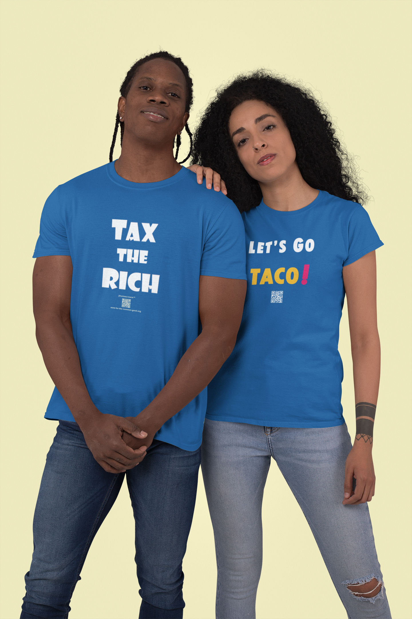 Two individuals wearing matching blue shirts with messages: 'TAX THE RICH' and a TACO Activist TShirt