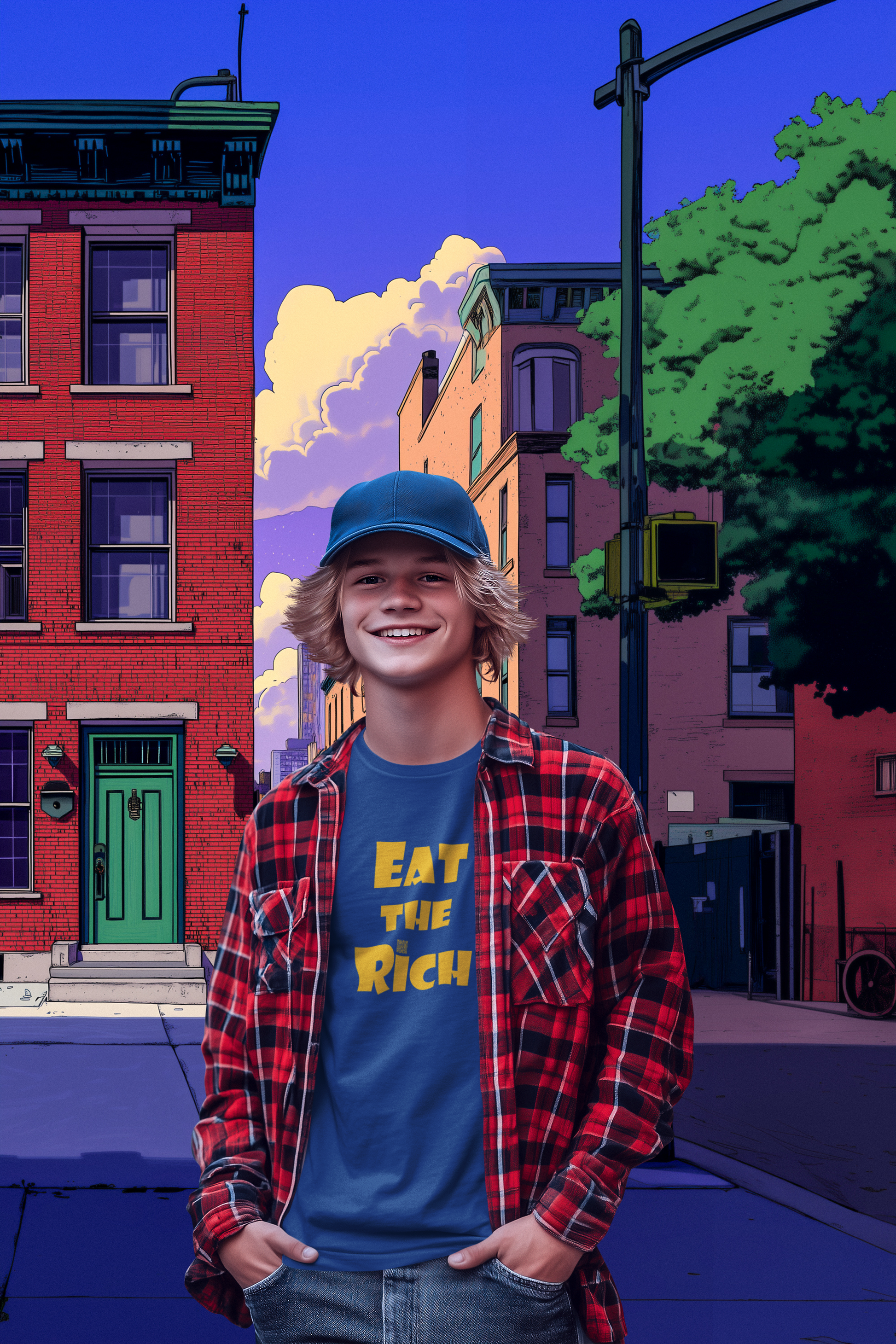Young person wearing EAT THE RICH Unisex TShirt in a vibrant urban setting.