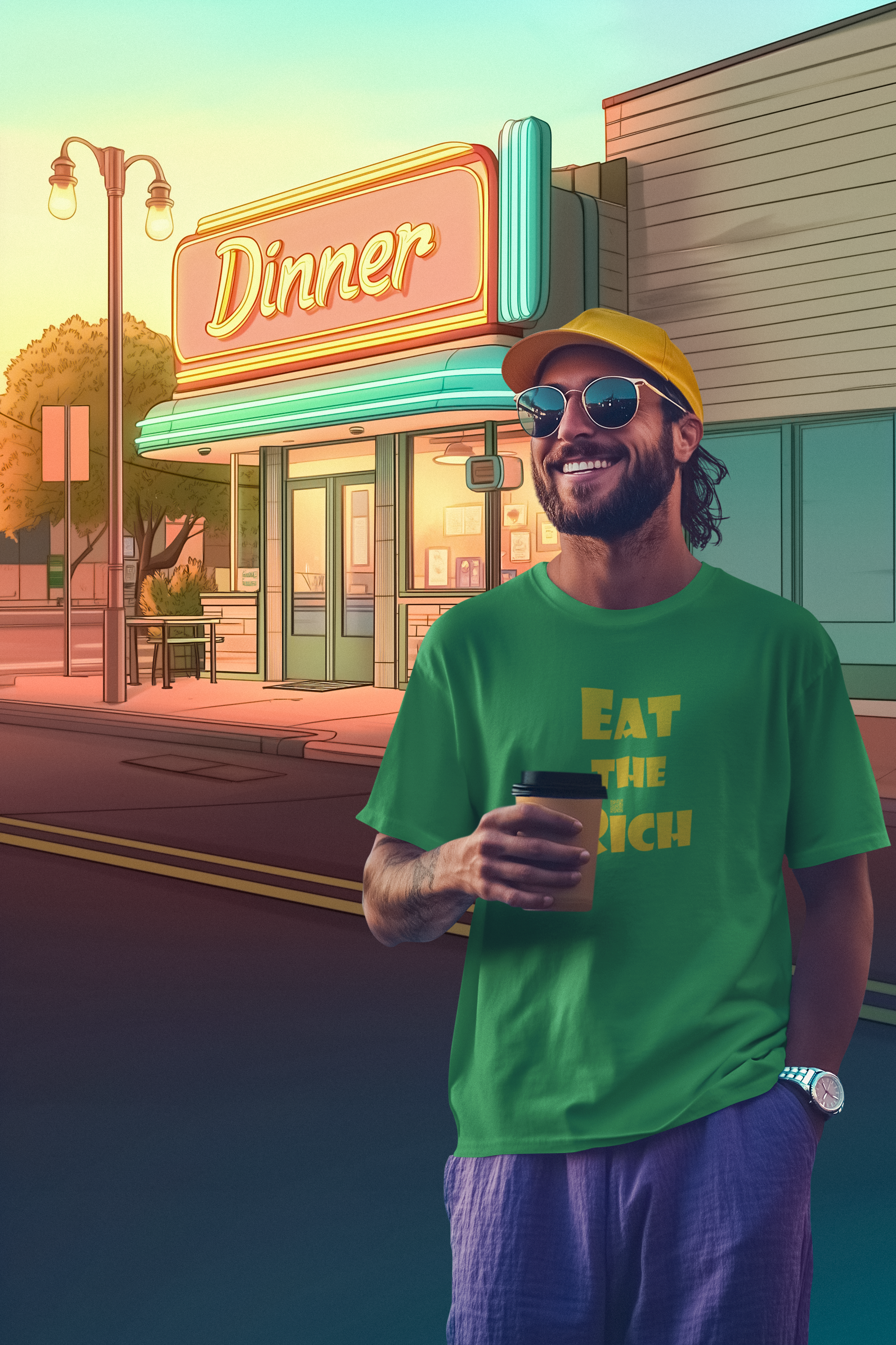Man wearing EAT THE RICH Unisex TShirt holding a coffee in front of a diner.