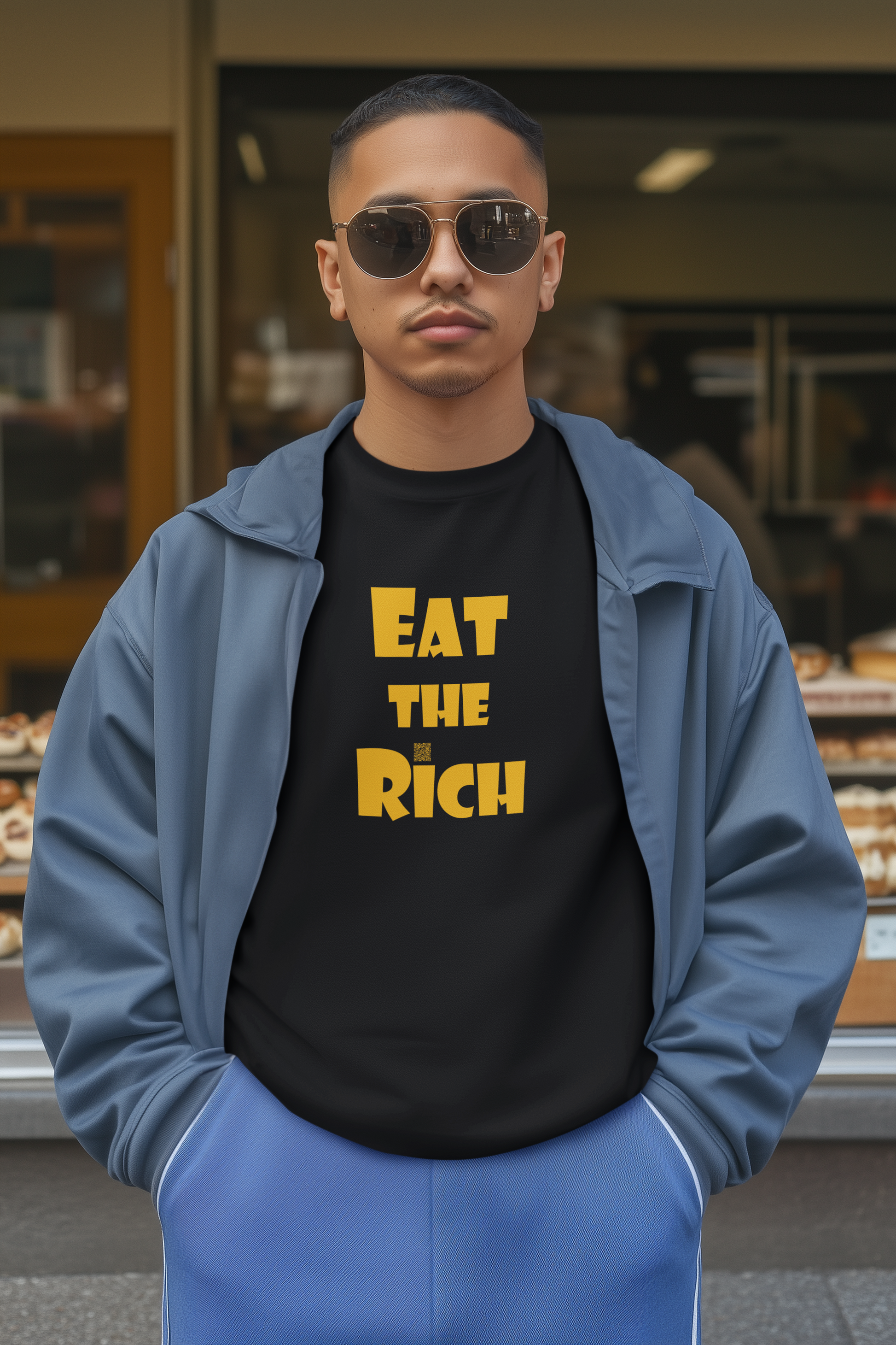 A person wearing an EAT THE RICH Unisex TShirt with sunglasses, standing outdoors in front of a bakery.
