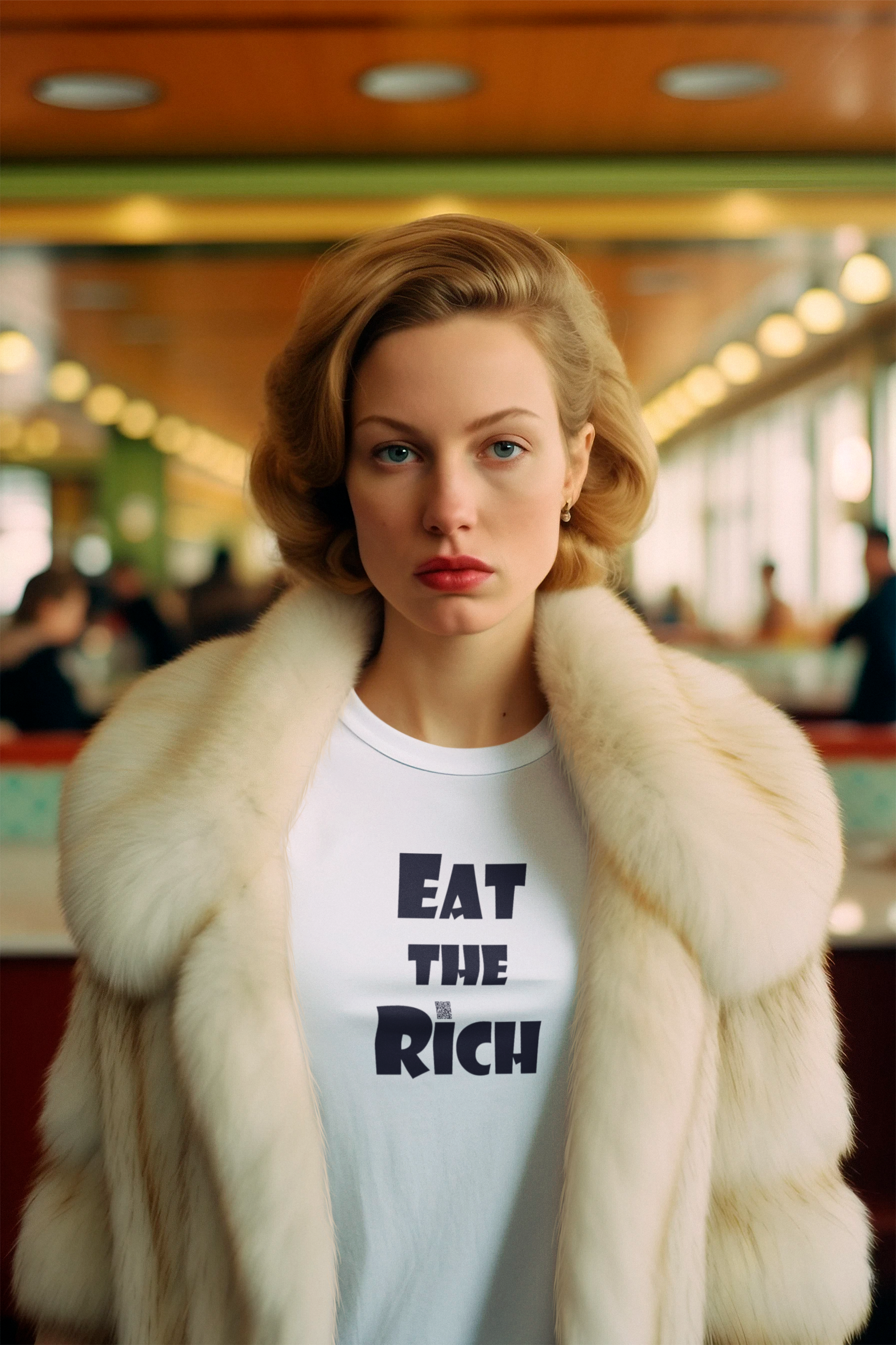 Model wearing EAT THE RICH Unisex TShirt, showcasing bold design in a stylish setting.
