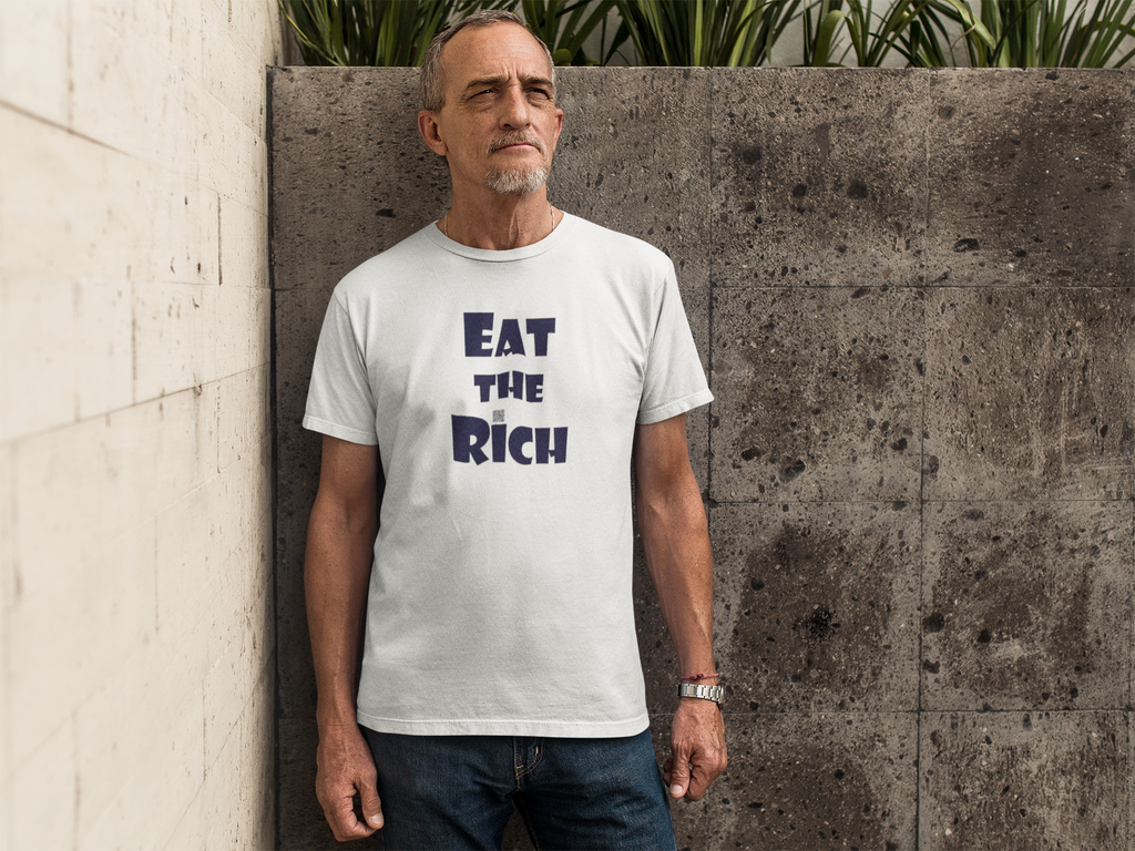 EAT THE RICH Unisex TShirt worn by a man, featuring bold typography on a white background.