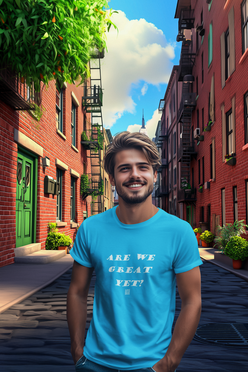 An AI blonde bearded white man in an AI street scene smiling and wearing a tropical blue Are We Great Yet? activist tshirt with white lettering