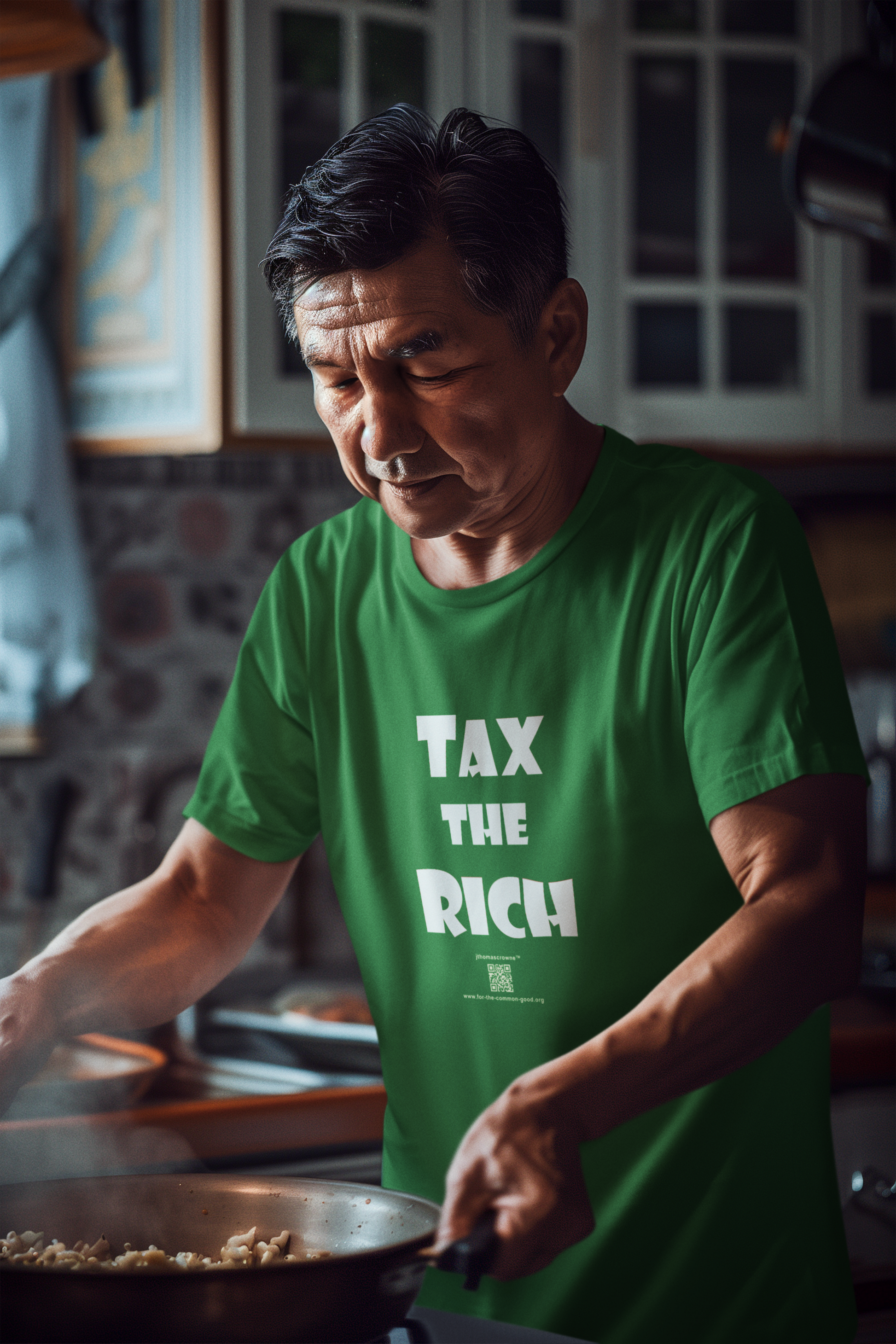Man in green TAX THE RICH Unisex T-Shirt cooking in a kitchen, showcasing bold design.