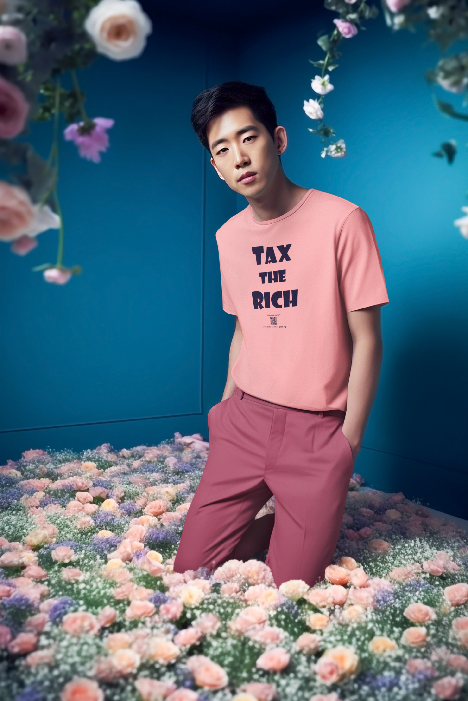 Model wearing TAX THE RICH Unisex T-Shirt surrounded by flowers in a blue setting.