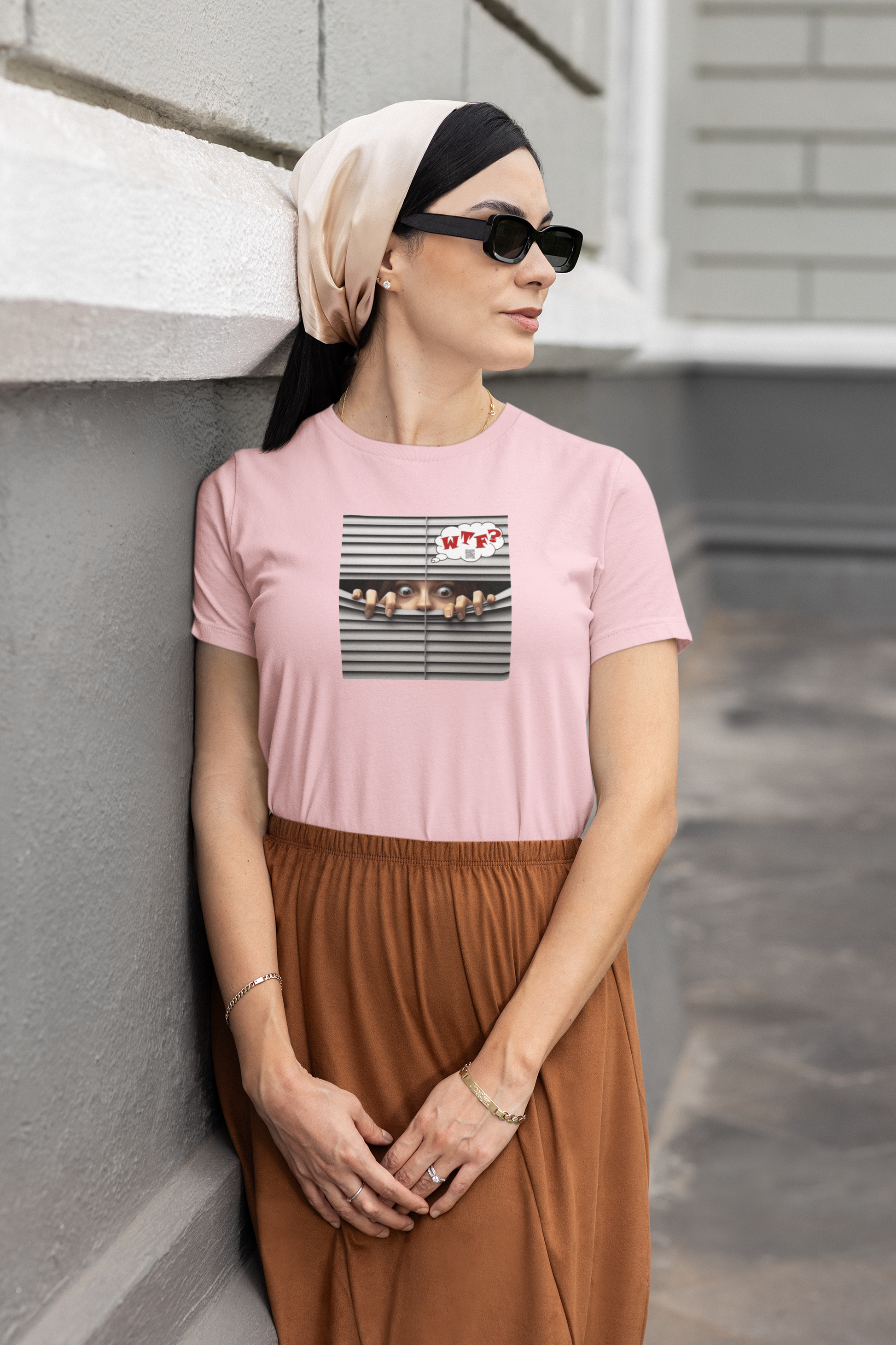 WTF White Female Model Activist TShirt featured on a model in a pink shirt and skirt, showcasing a trendy urban look.