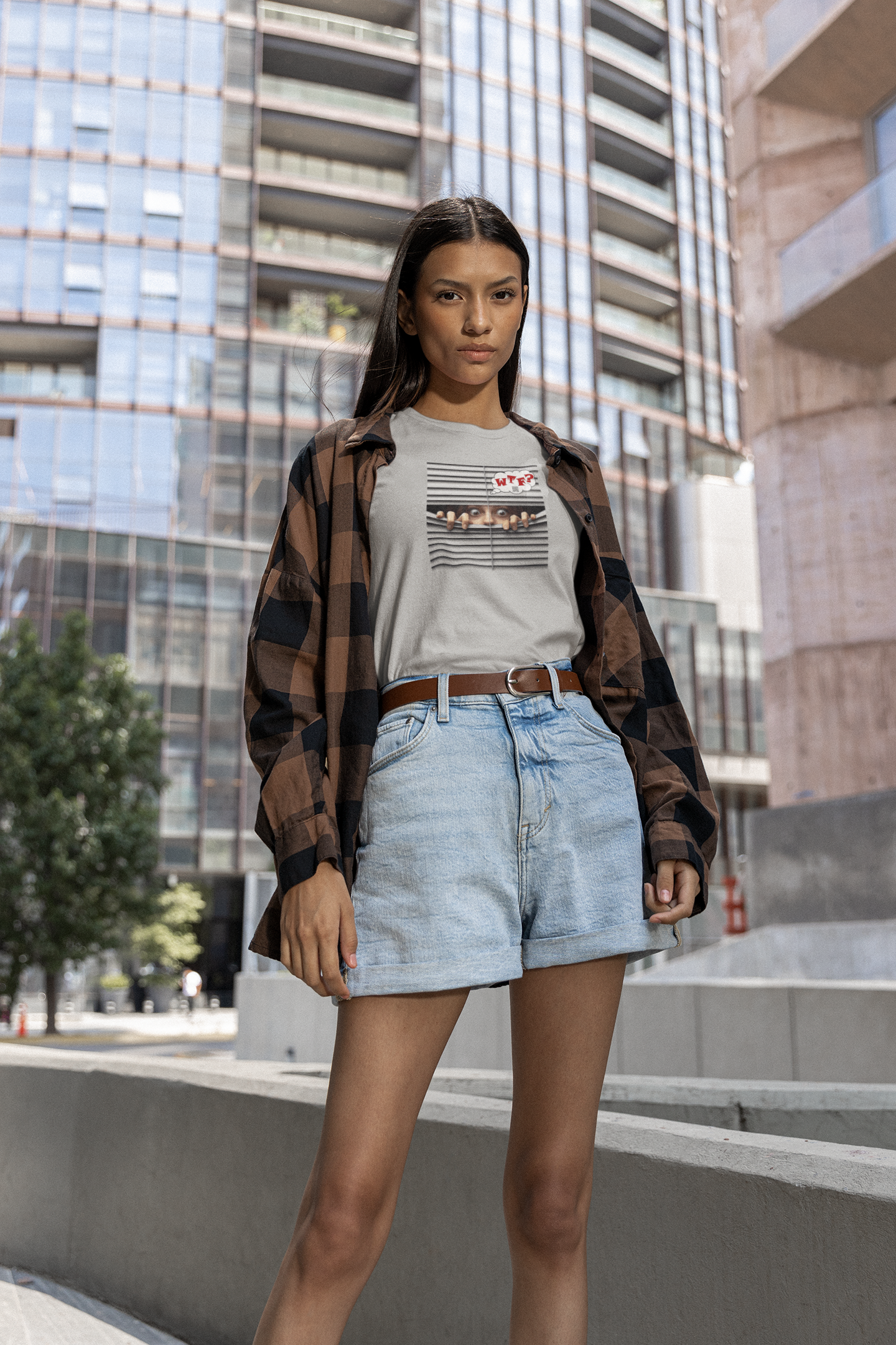 WTF White Female Model Activist TShirt worn by a model in an urban setting, showcasing a stylish outfit.
