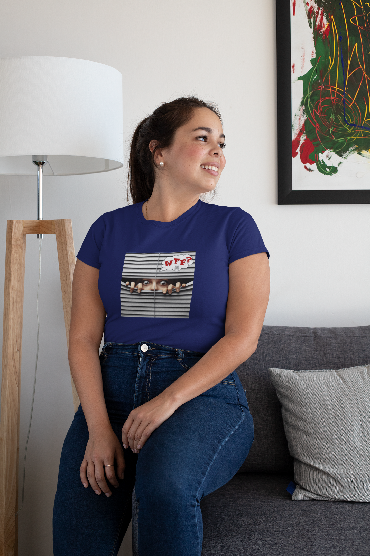 WTF White Female Model Activist TShirt worn by a smiling woman, highlighting a fitted style and unique design.