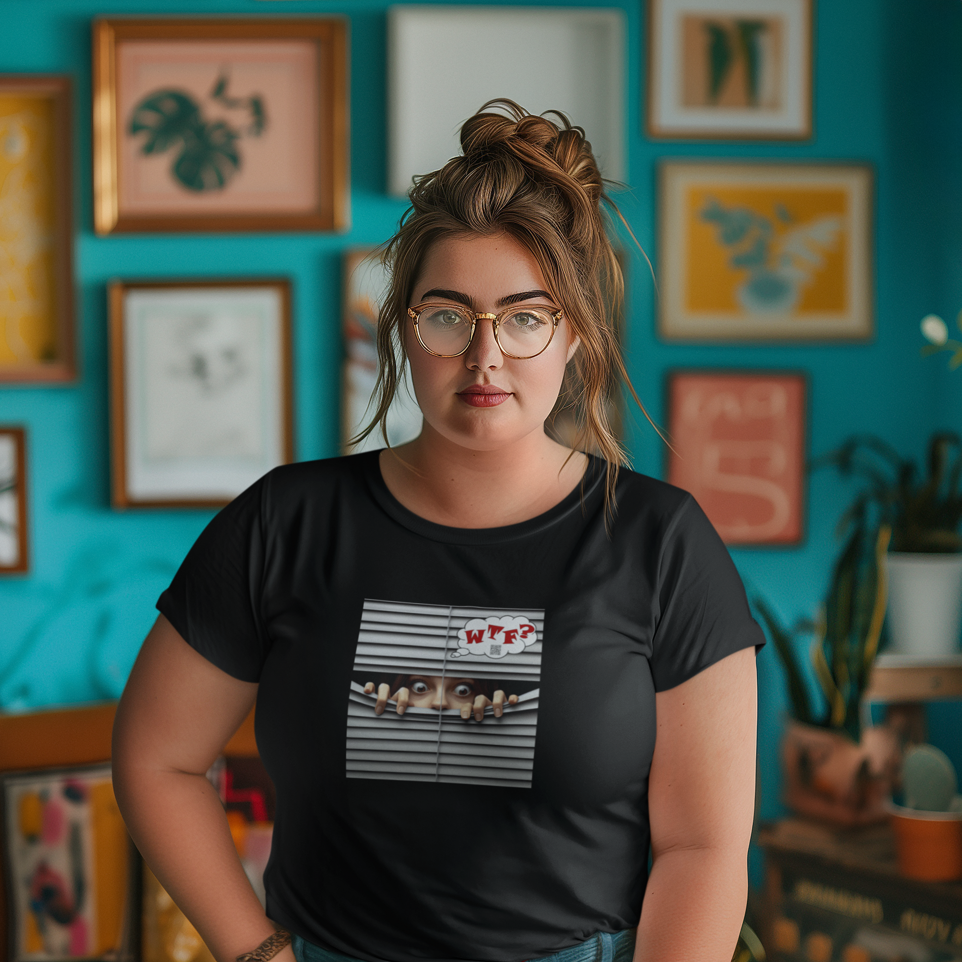 WTF White Female Model Activist TShirt featuring a model in a stylish room with artwork.