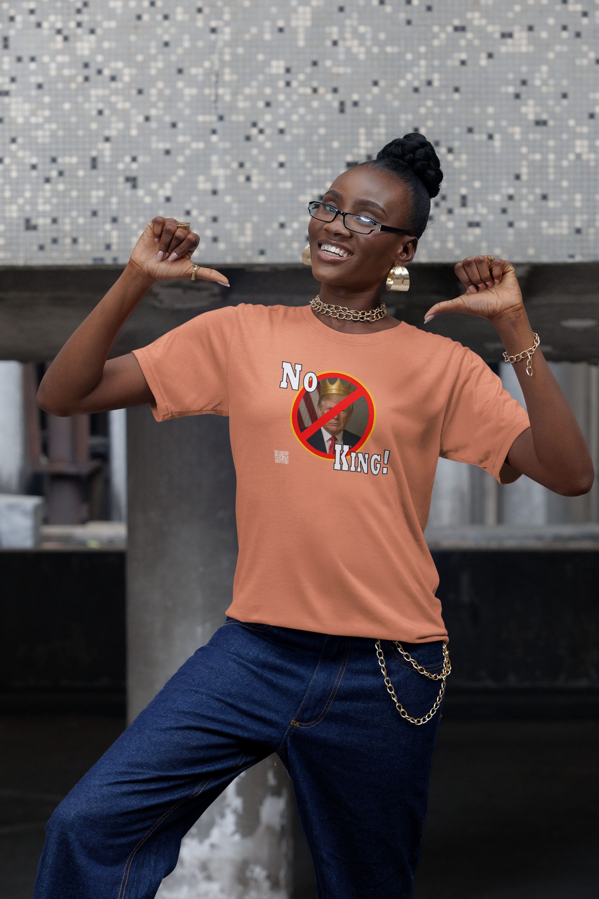 Person wearing a No King Activist TShirt, promoting democracy and freedom of expression.