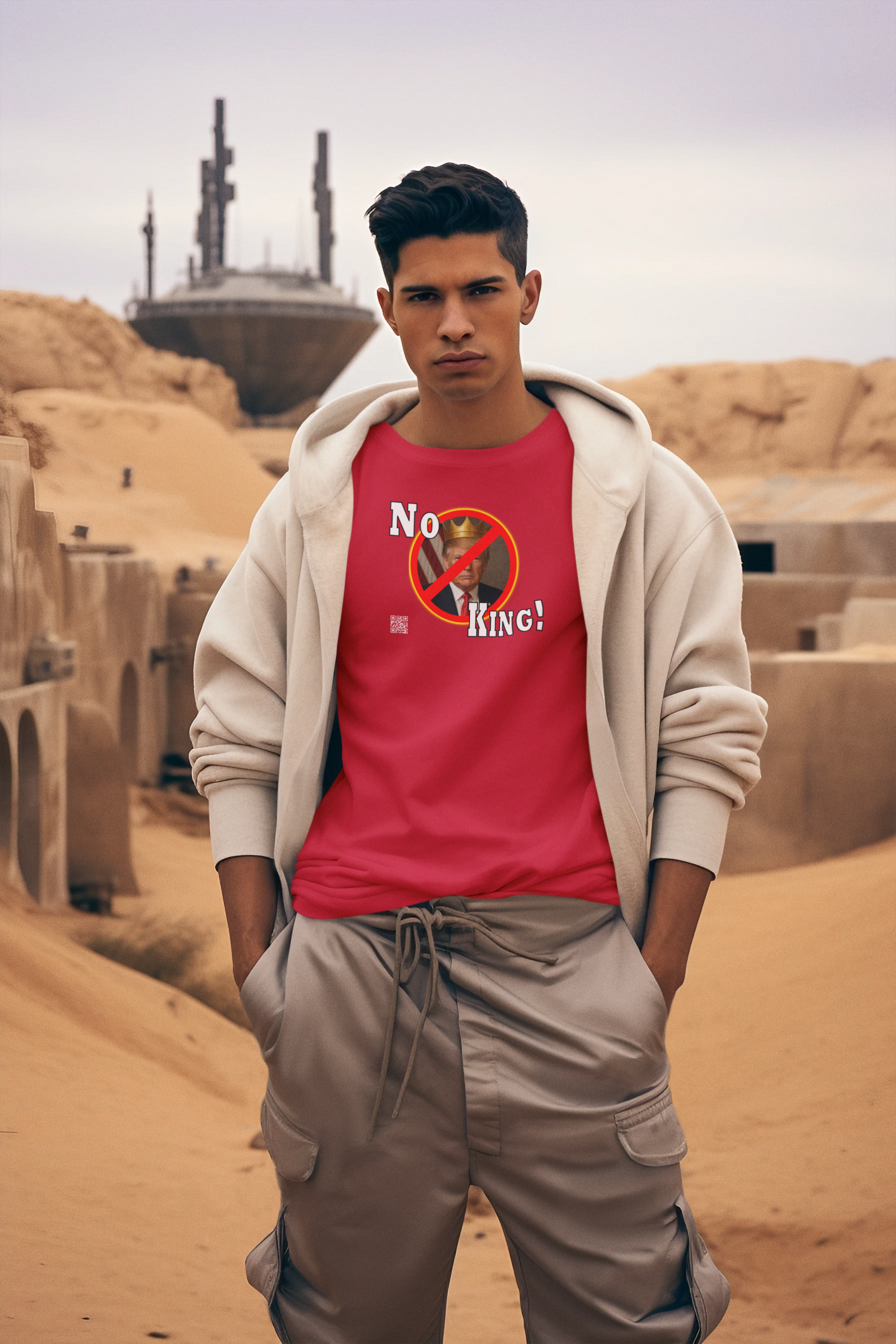 Model wearing No King Activist TShirt against a desert backdrop, featuring a bold anti-monarchy graphic.