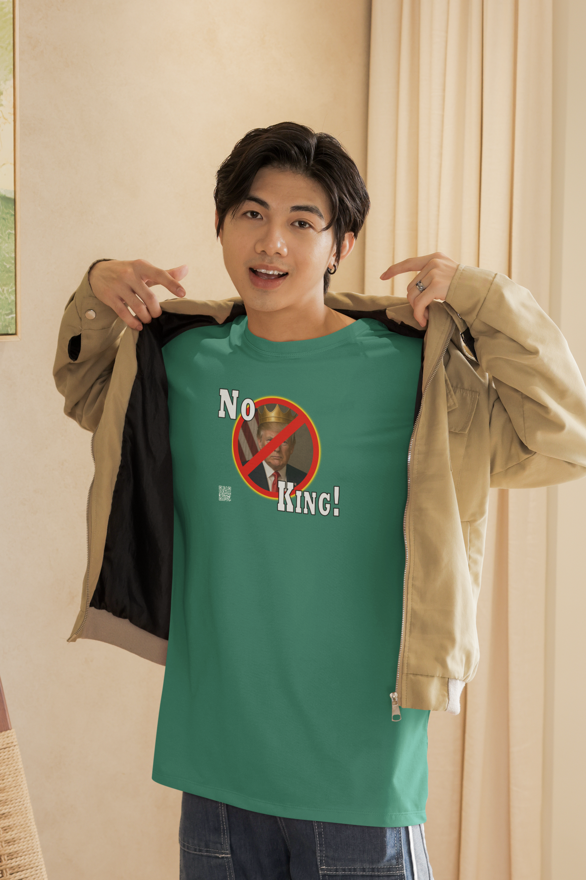 Person wearing a No King Activist TShirt, promoting democracy and rejecting hereditary power.