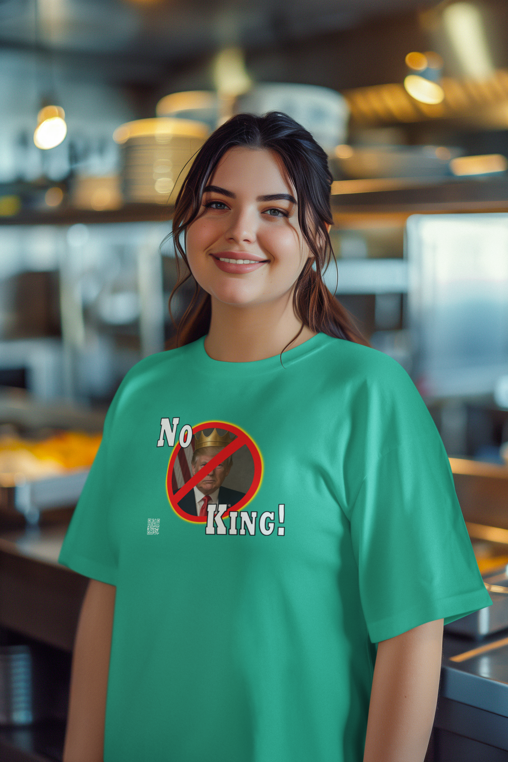 No King Activist TShirt worn by a smiling woman in a casual setting, highlighting democratic values.