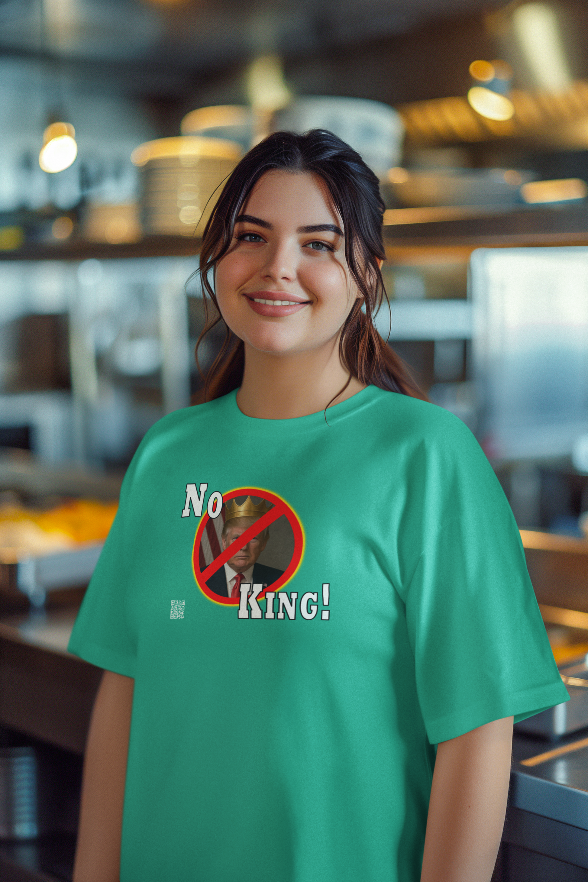 No King Activist TShirt worn by a smiling woman in a casual setting, highlighting democratic values.