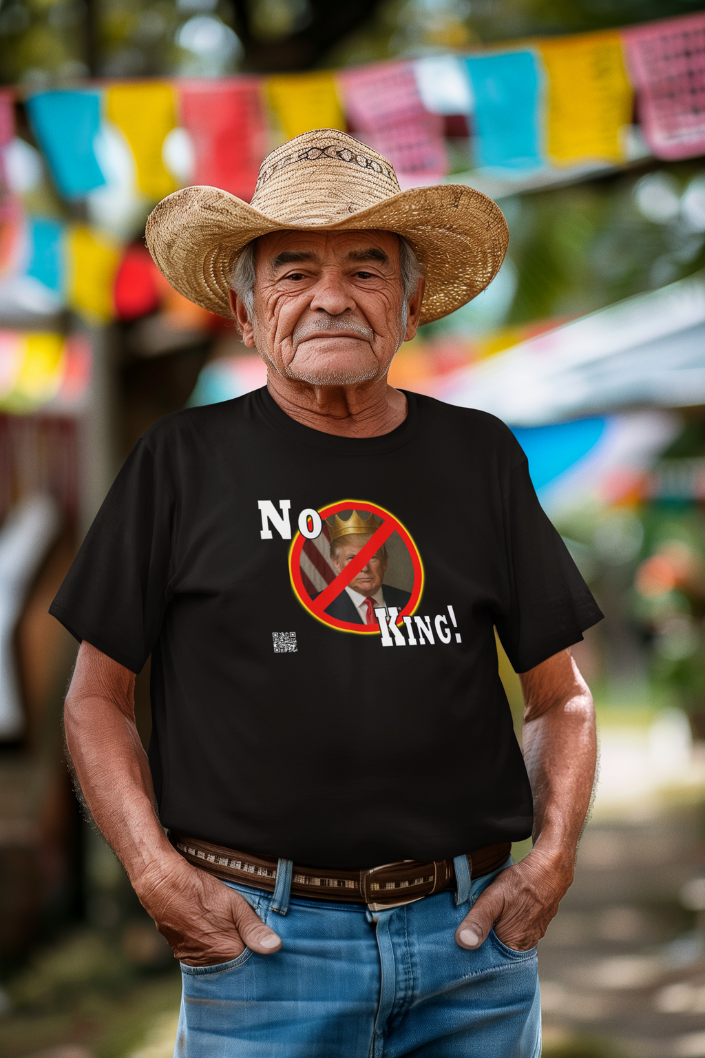 No King Activist TShirt worn by an older man in a straw hat at an outdoor event.
