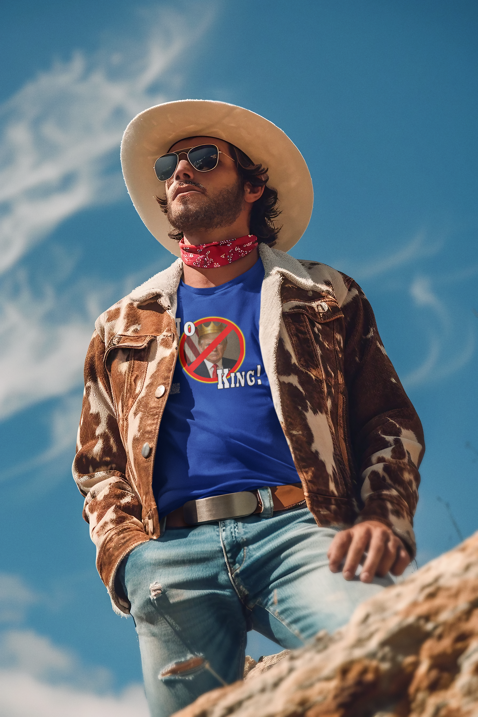 Man wearing a No King Activist TShirt with sunglasses and cowboy hat, standing against a blue sky.