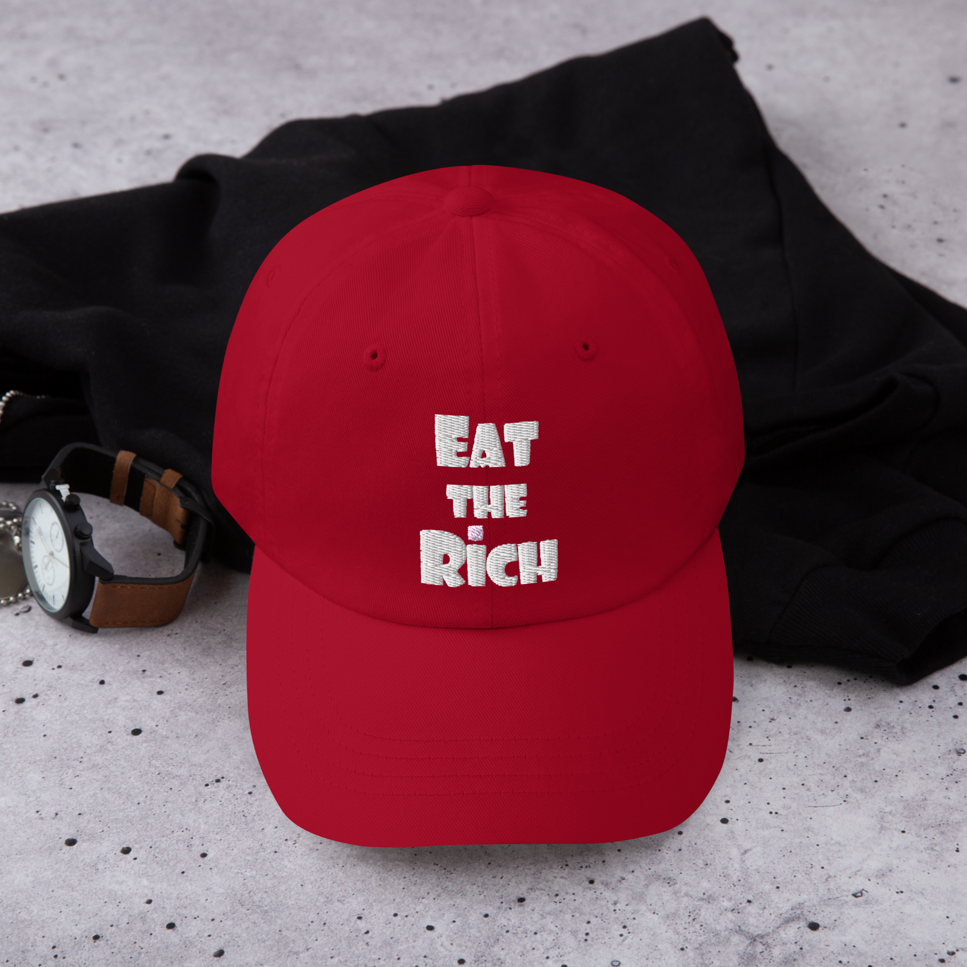 EAT THE RICH — Embroidered Red Dad Hat | Designed by jthomascrowne