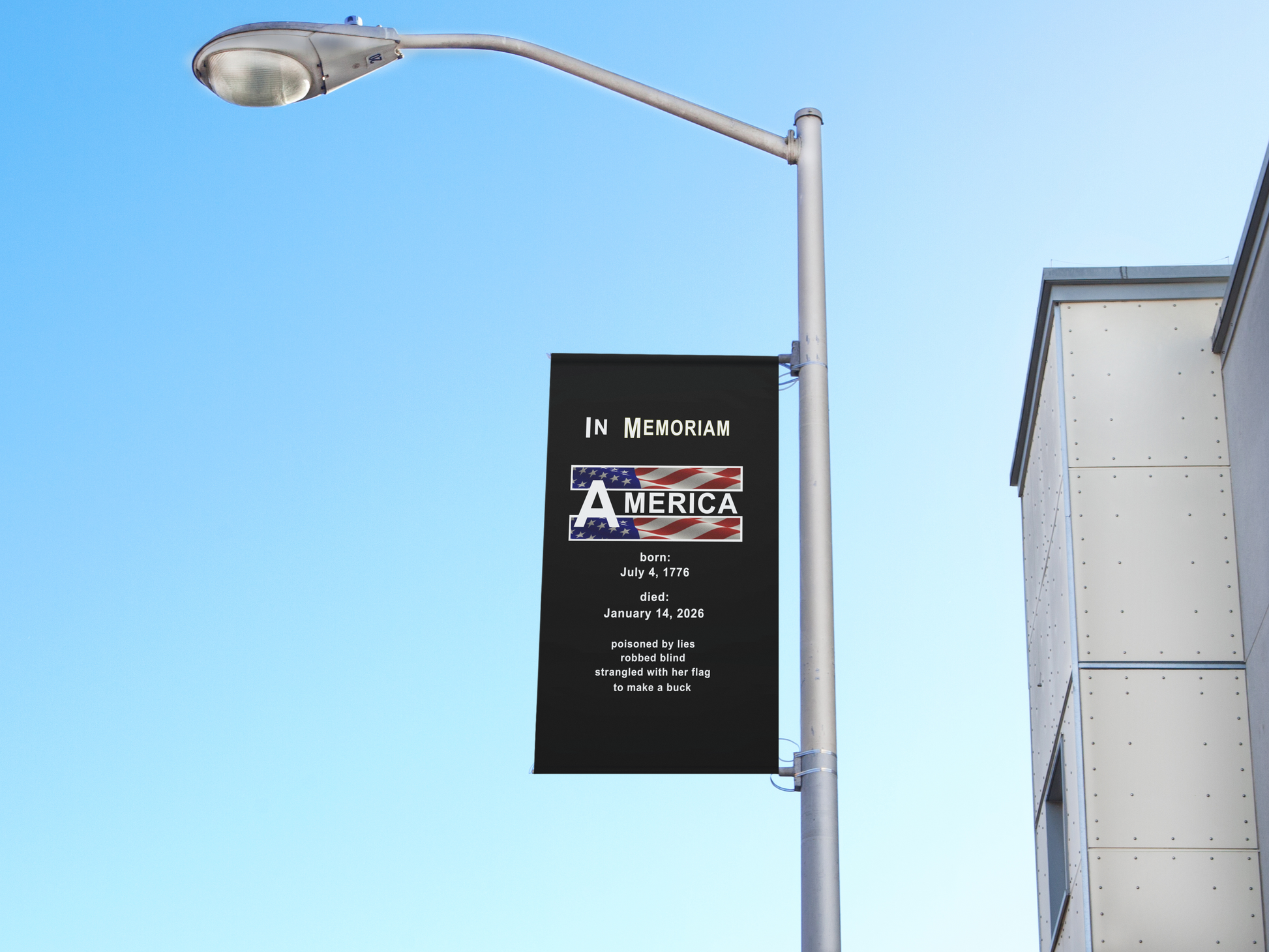 In Memoriam-American Democracy 1776 to 2026 Vertical Protest Banner displayed on a street lamp against a clear blue sky.
