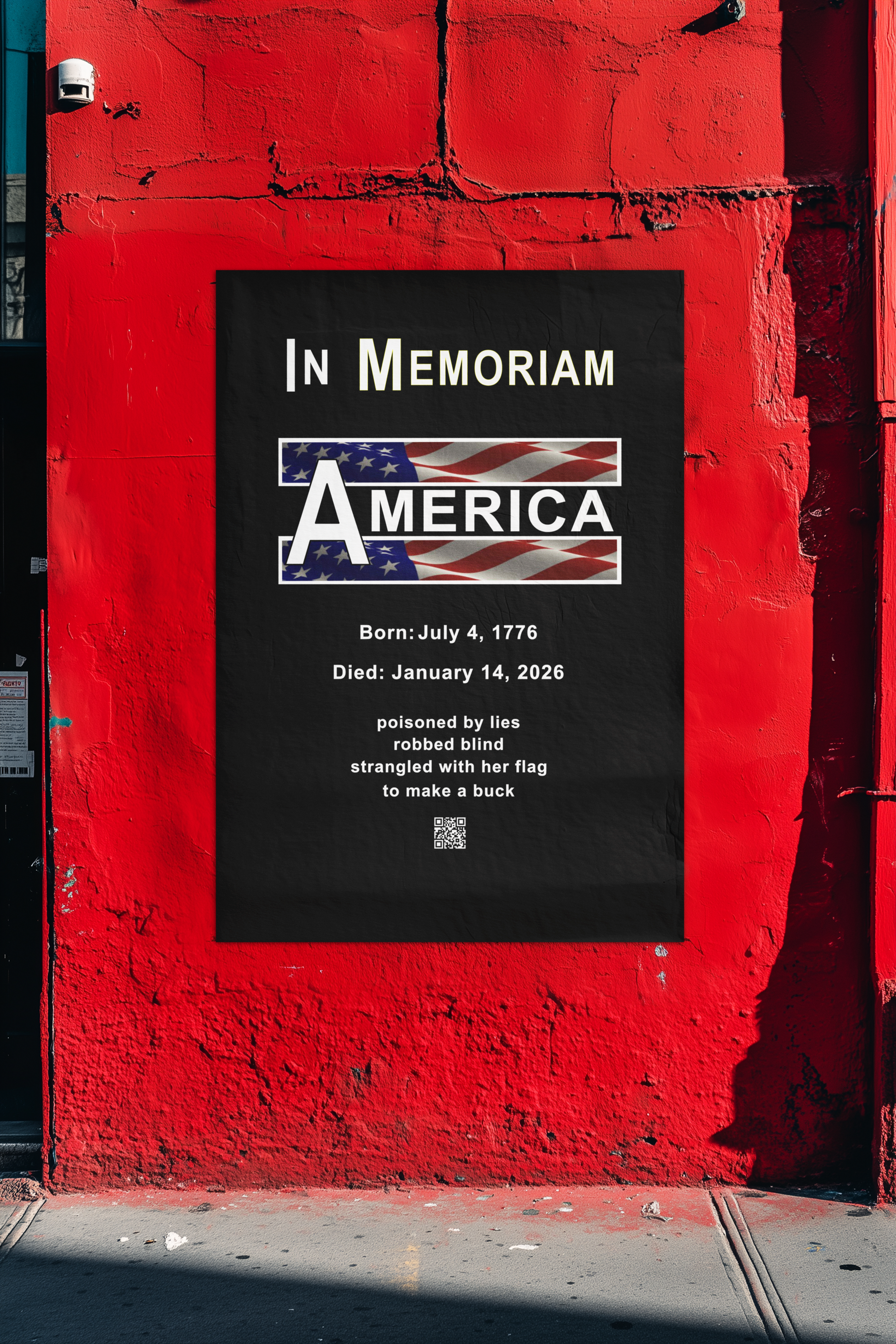 In Memoriam-American Democracy 1776 to 2026 Vertical Protest Banner displayed on a red wall.