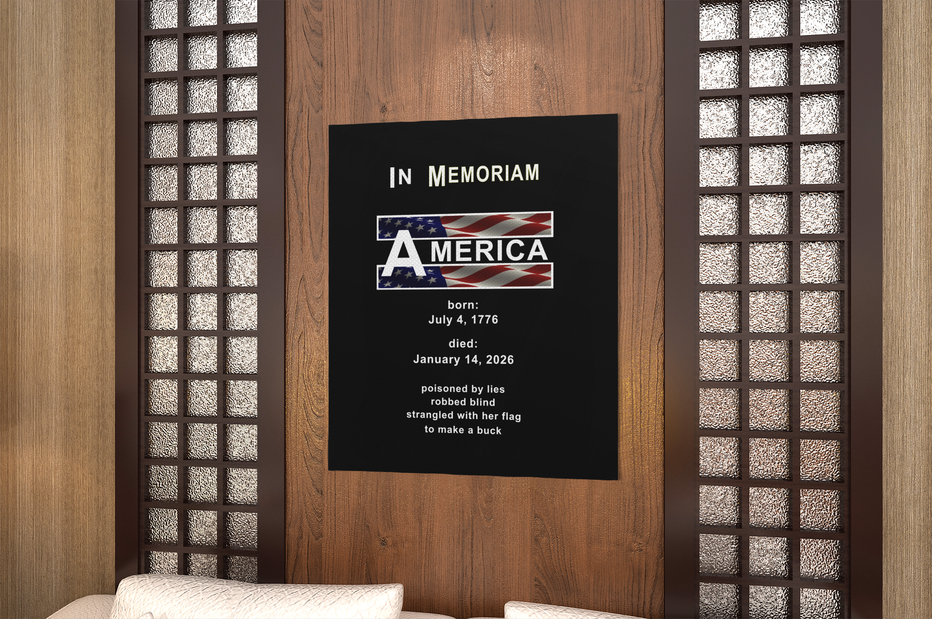 In Memoriam-American Democracy 1776 to 2026 Vertical Protest Banner displayed on a wall with wooden accents.