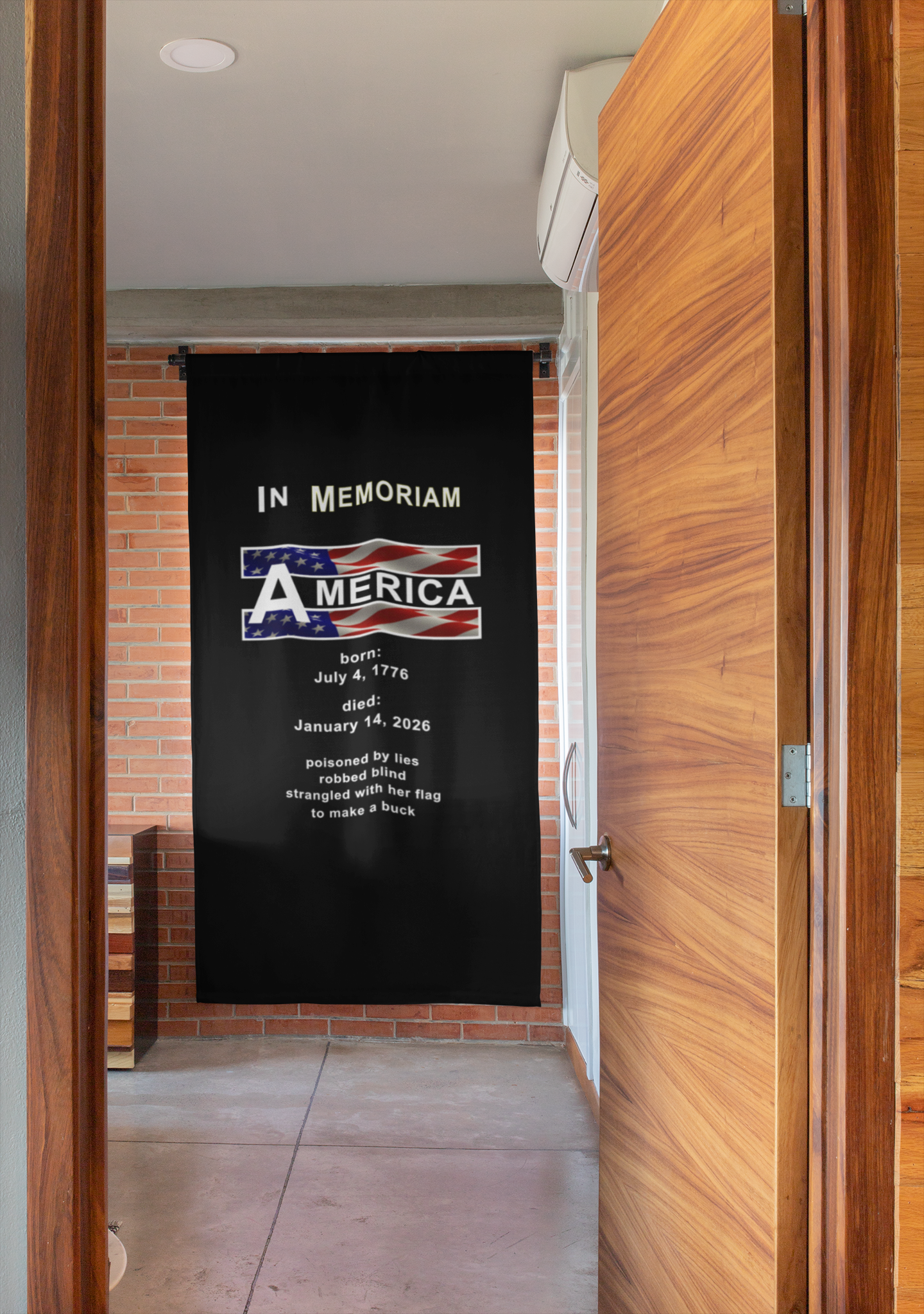 In Memoriam-American Democracy 1776 to 2026 Vertical Protest Banner displayed on a wall in a modern interior.