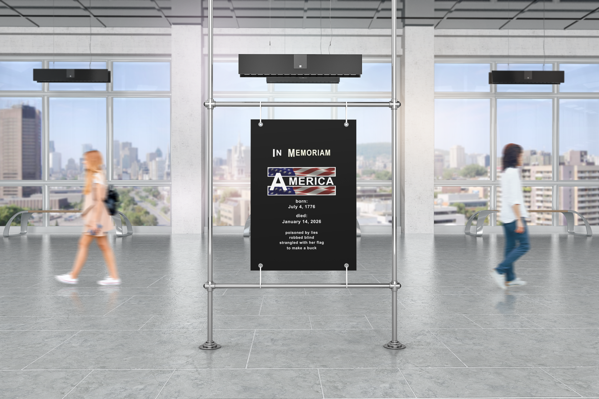In Memoriam-American Democracy 1776 to 2026 Vertical Protest Banner displayed in a modern interior space.