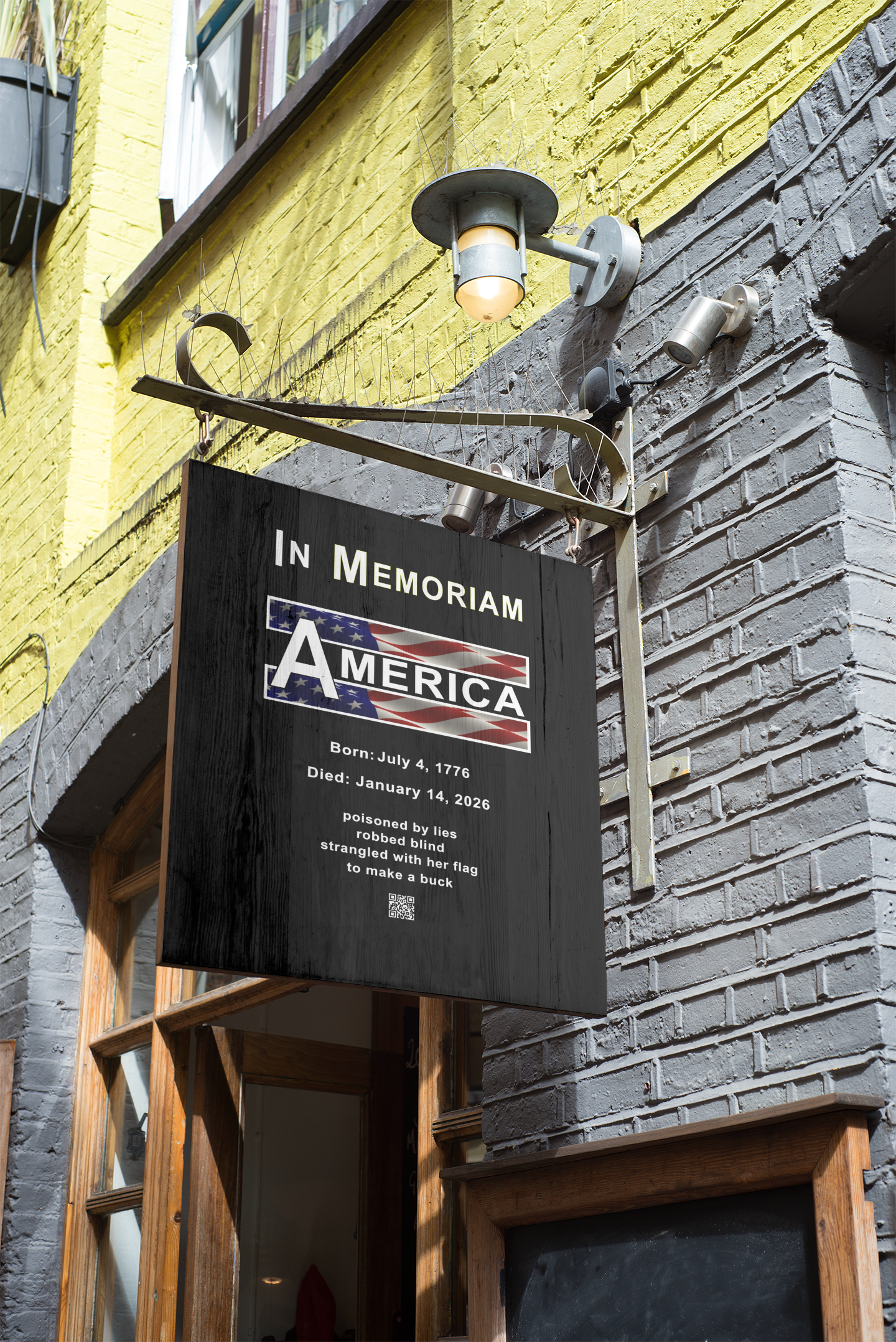 In Memoriam-American Democracy 1776 to 2026 Vertical Protest Banner displayed on a storefront.
