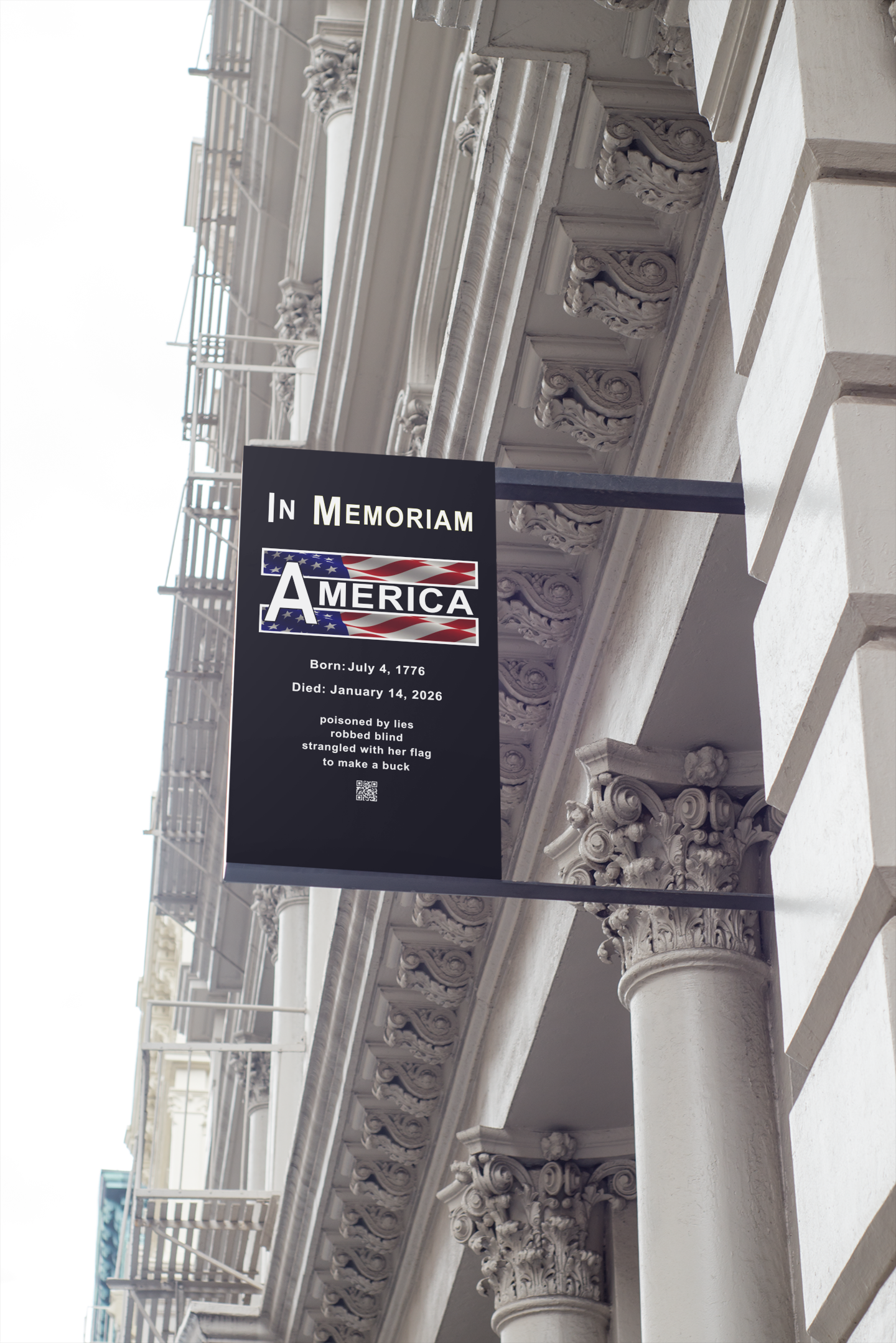 In Memoriam-American Democracy 1776 to 2026 Vertical Protest Banner displayed on a city street.