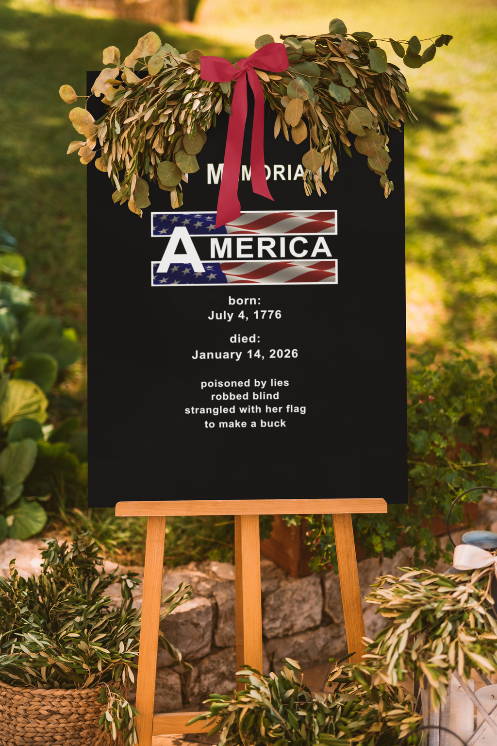 In Memoriam-American Democracy 1776 to 2026 Vertical Protest Banner featuring a memorial tribute to America.