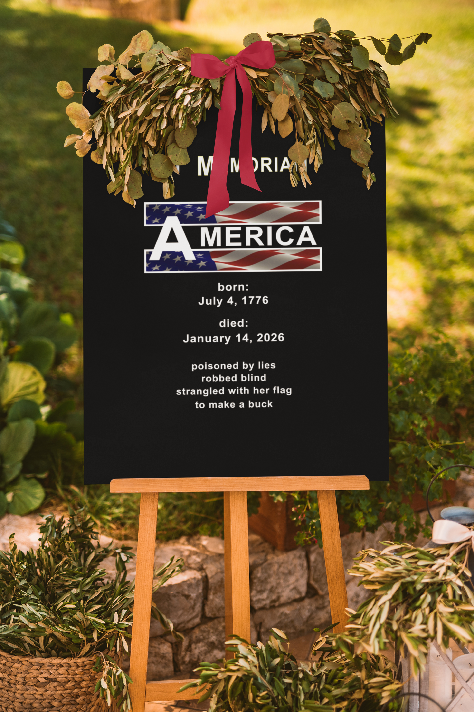 In Memoriam-American Democracy 1776 to 2026 Vertical Protest Banner featuring a memorial tribute to America.