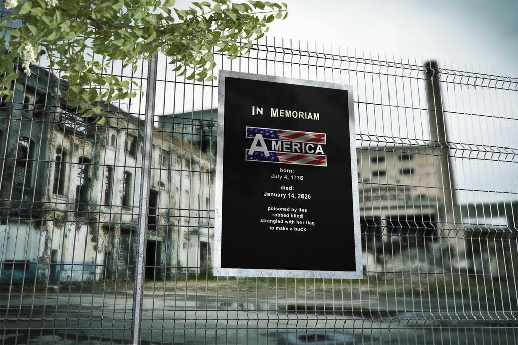 In Memoriam-American Democracy 1776 to 2026 Vertical Protest Banner displayed on a fence with an urban backdrop.