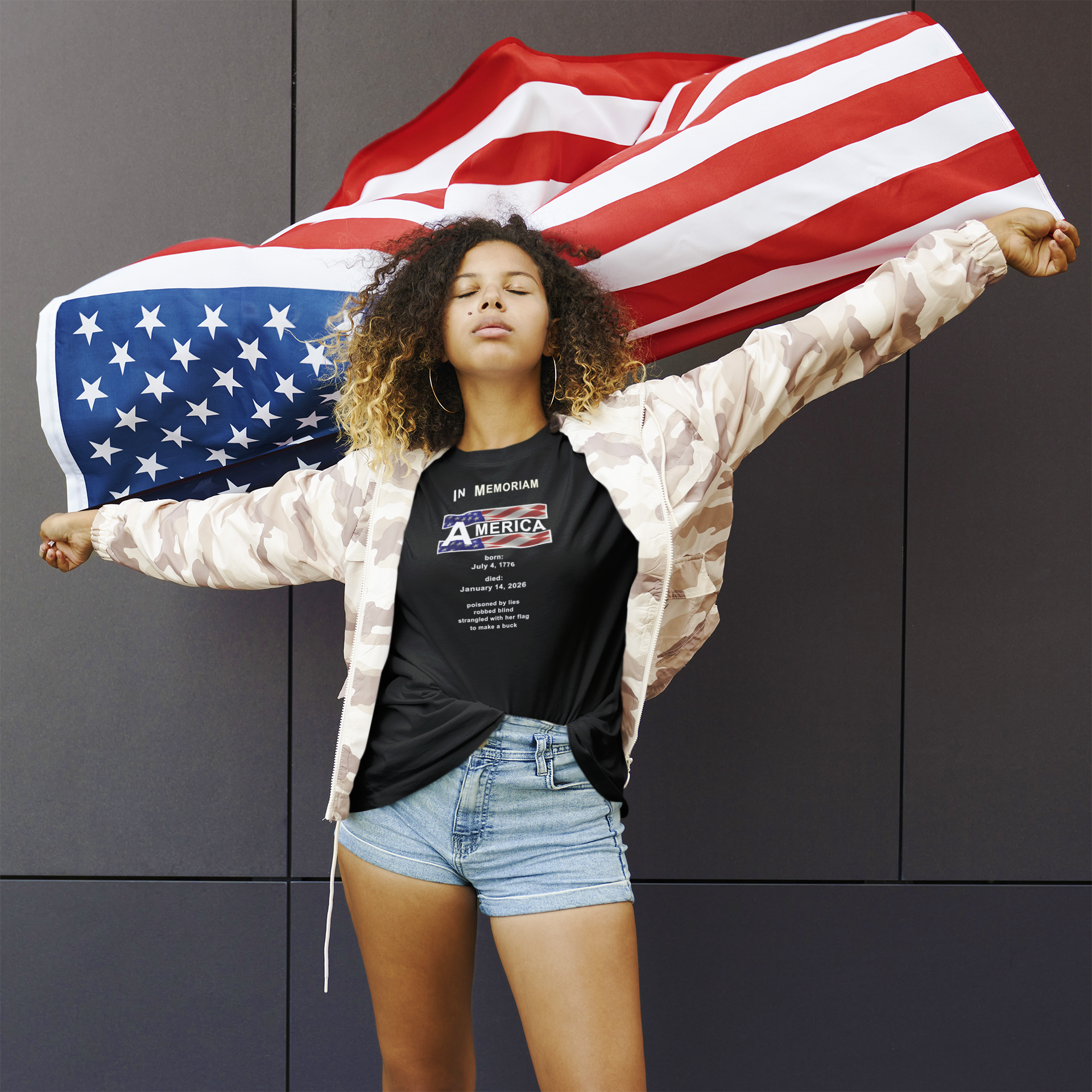 In Memoriam – Democracy 1776–2026 | Activist T‑Shirt | Designed by jthomascrowne