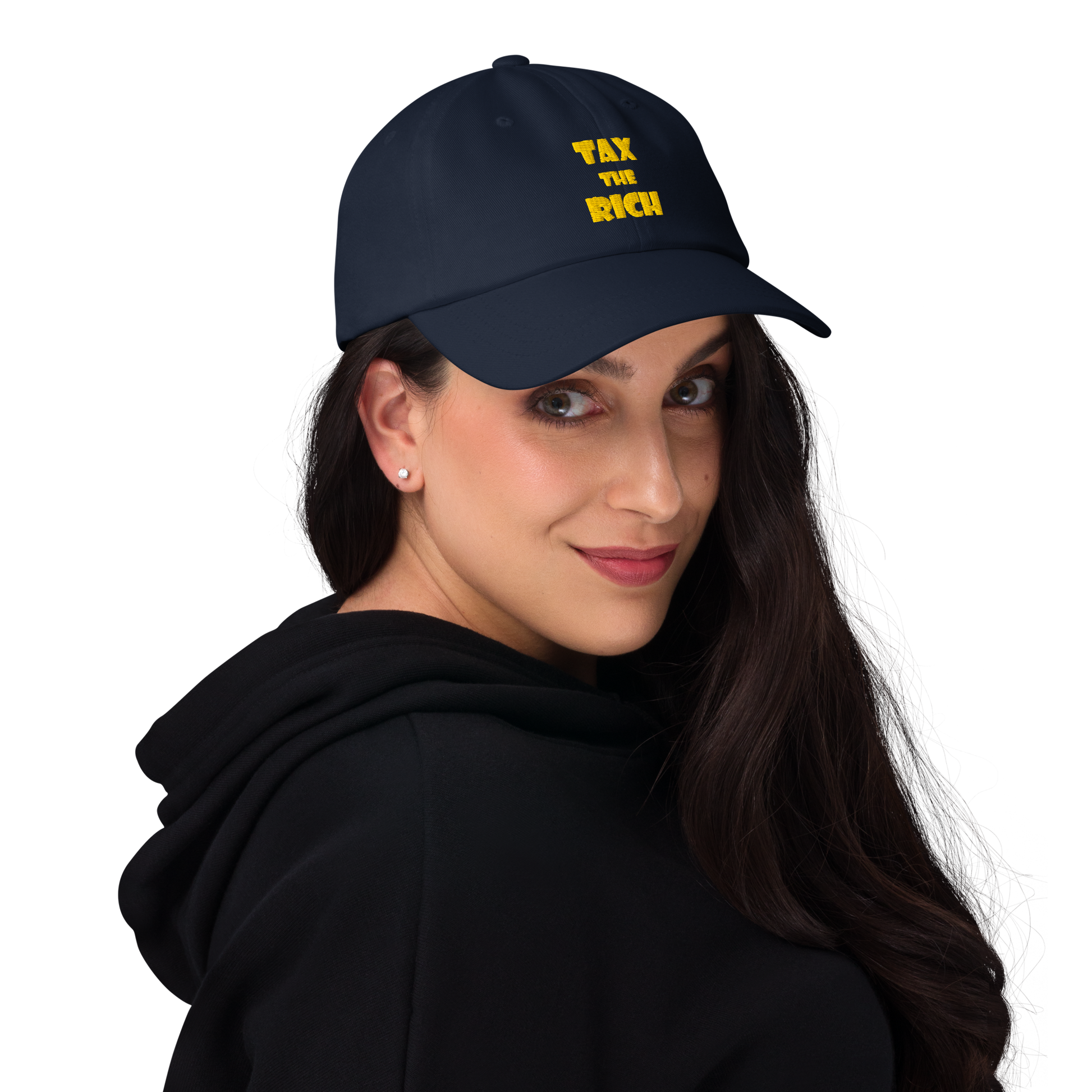 Woman wearing a TAX THE RICH — Embroidered Dad Hat with a bold yellow design.
