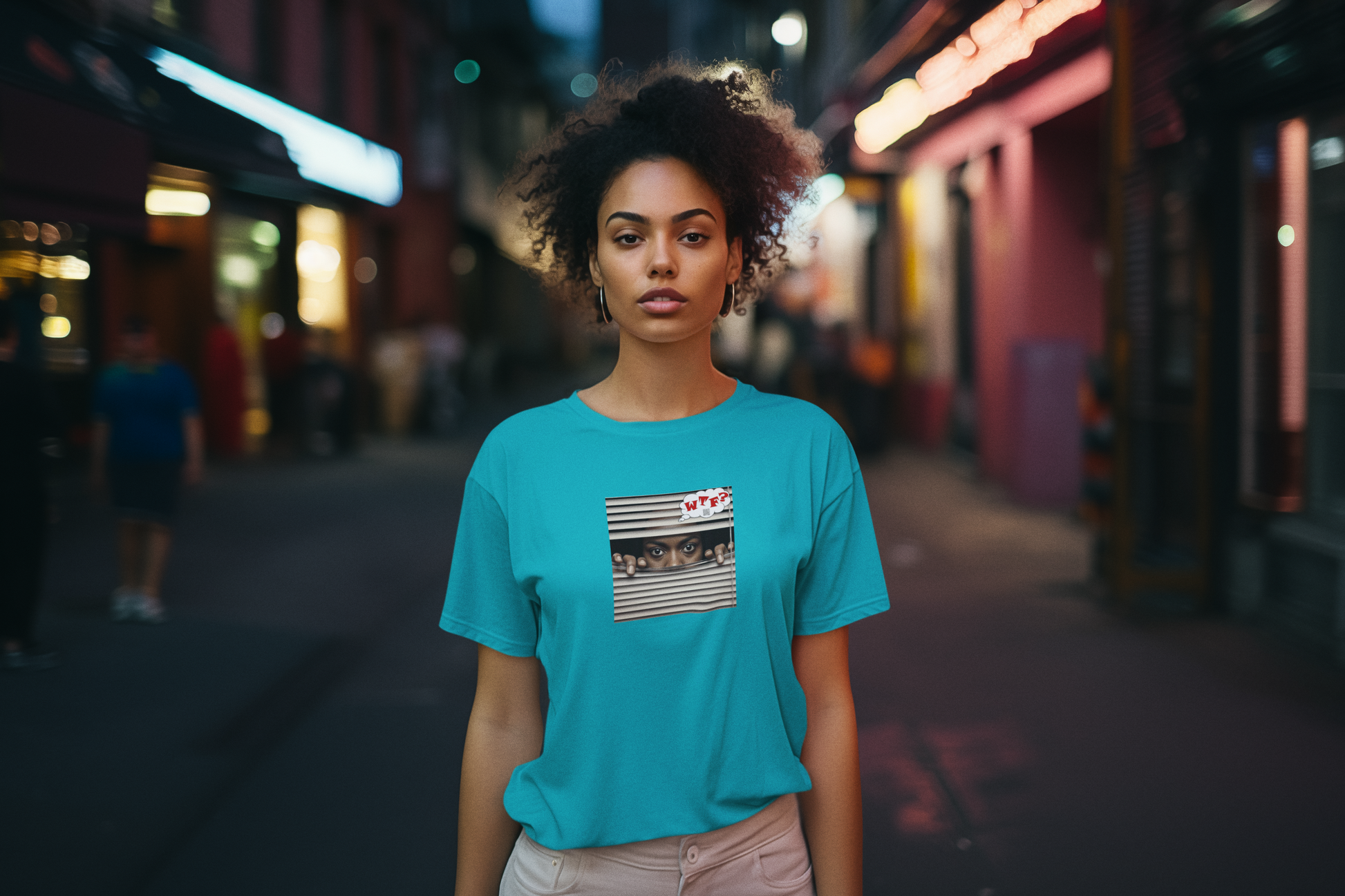 WTF Activist T-Shirt Black Female Model worn by a woman in a city street at night.