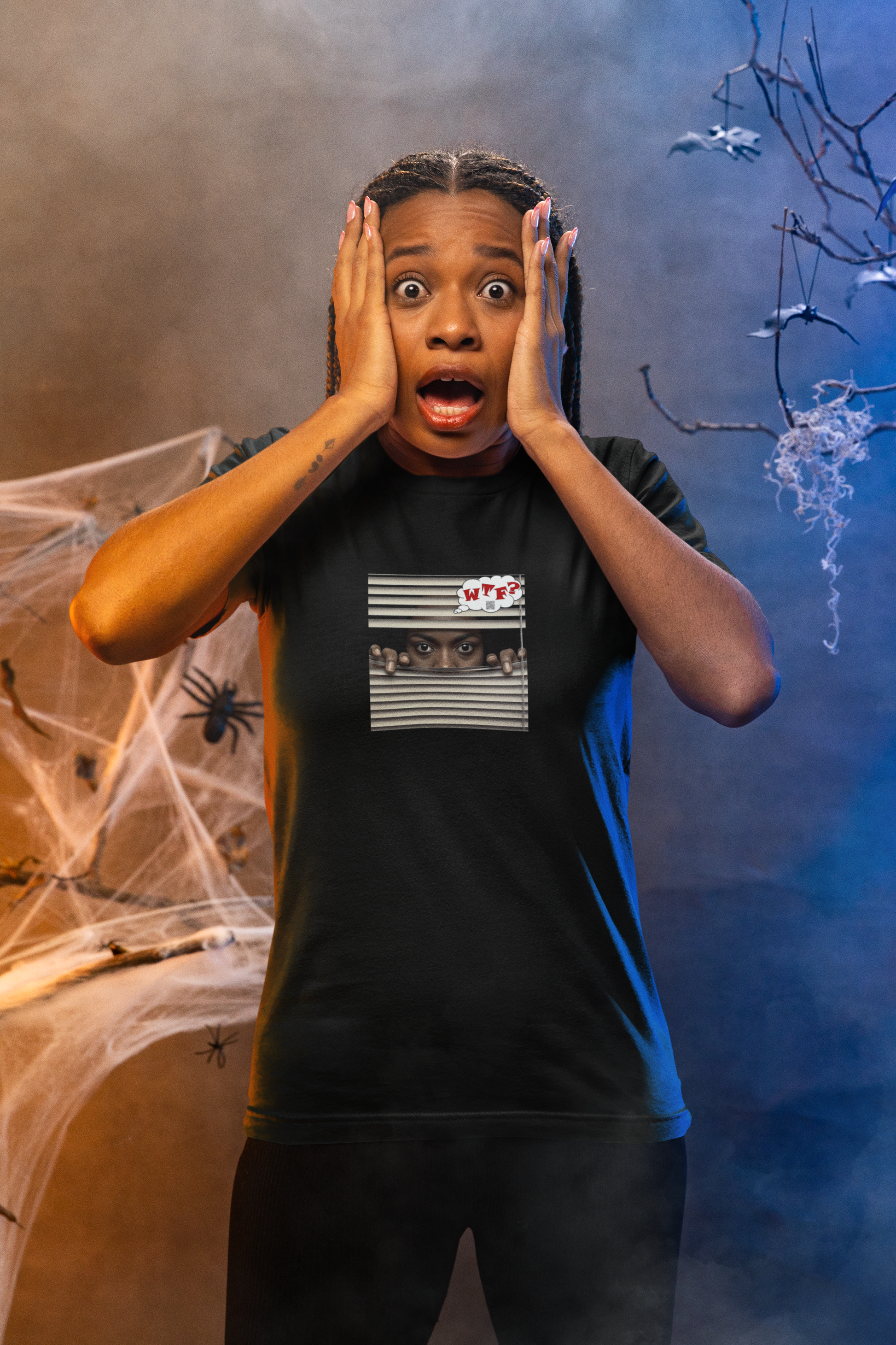WTF Activist T-Shirt Black Female Model worn by a surprised woman with hands on her face.