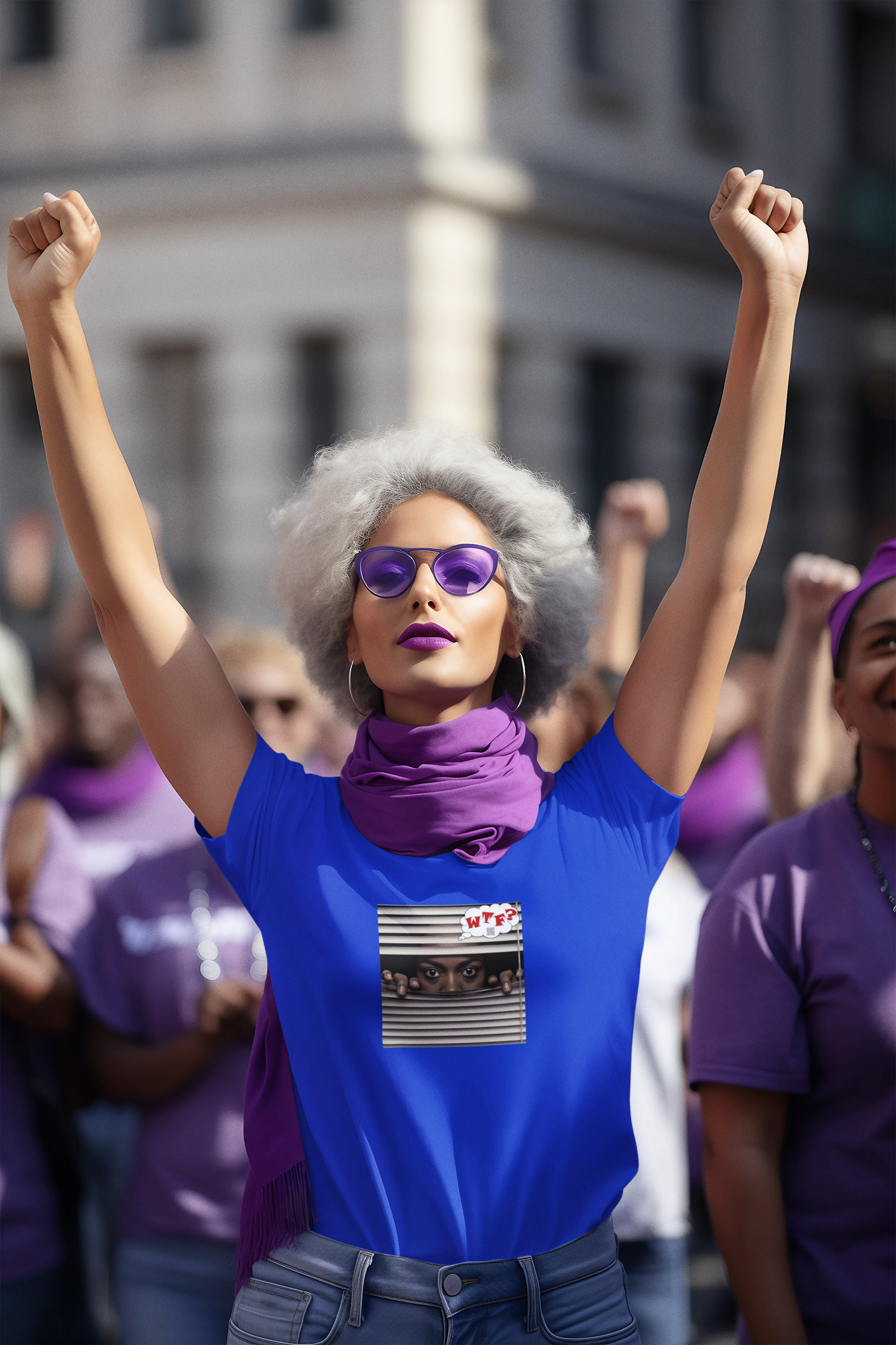 WTF Activist T-Shirt Black Female Model worn by a confident woman at a rally, showcasing her bold expression and style.