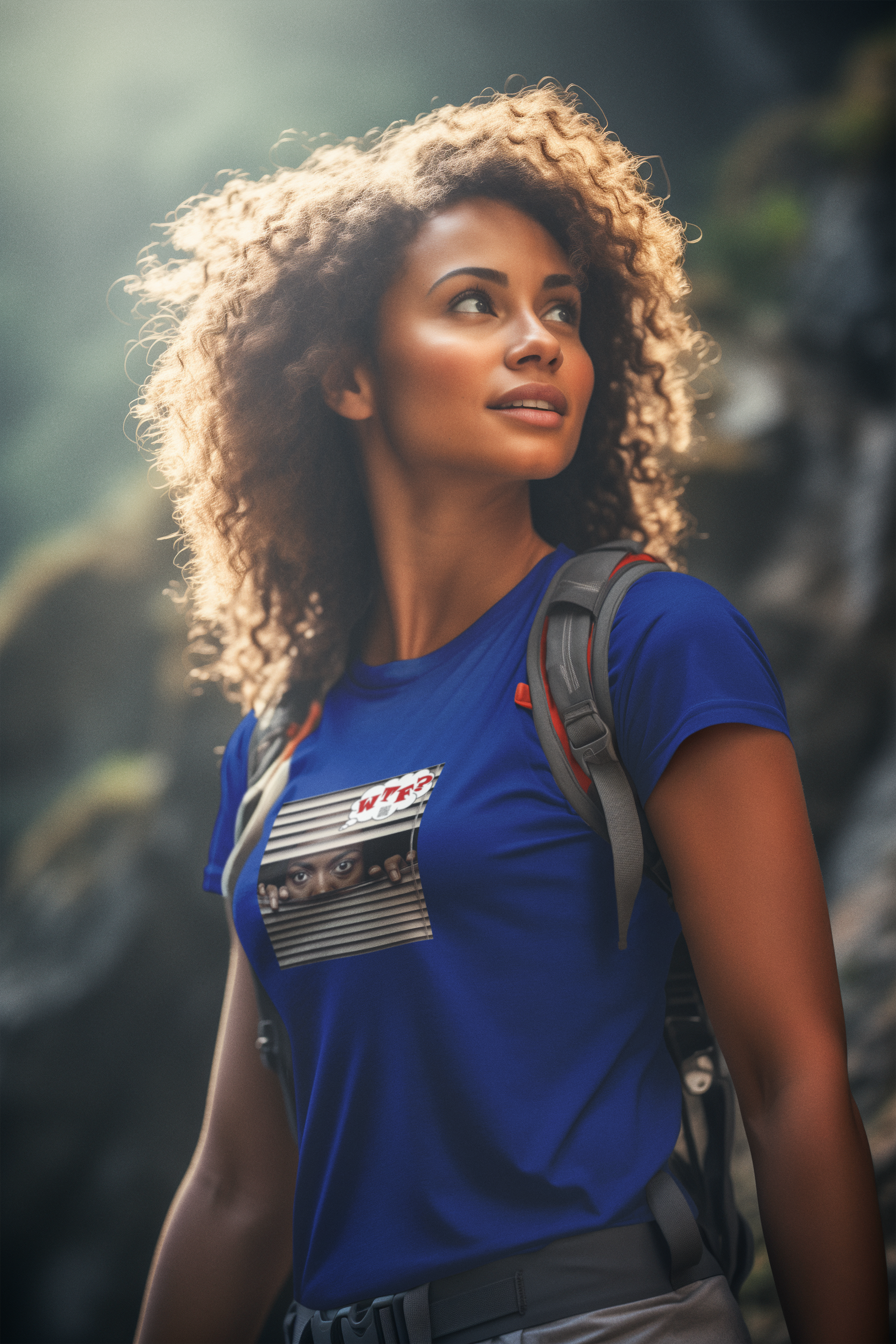 WTF Activist T-Shirt Black Female Model worn by a smiling woman with curly hair outdoors.