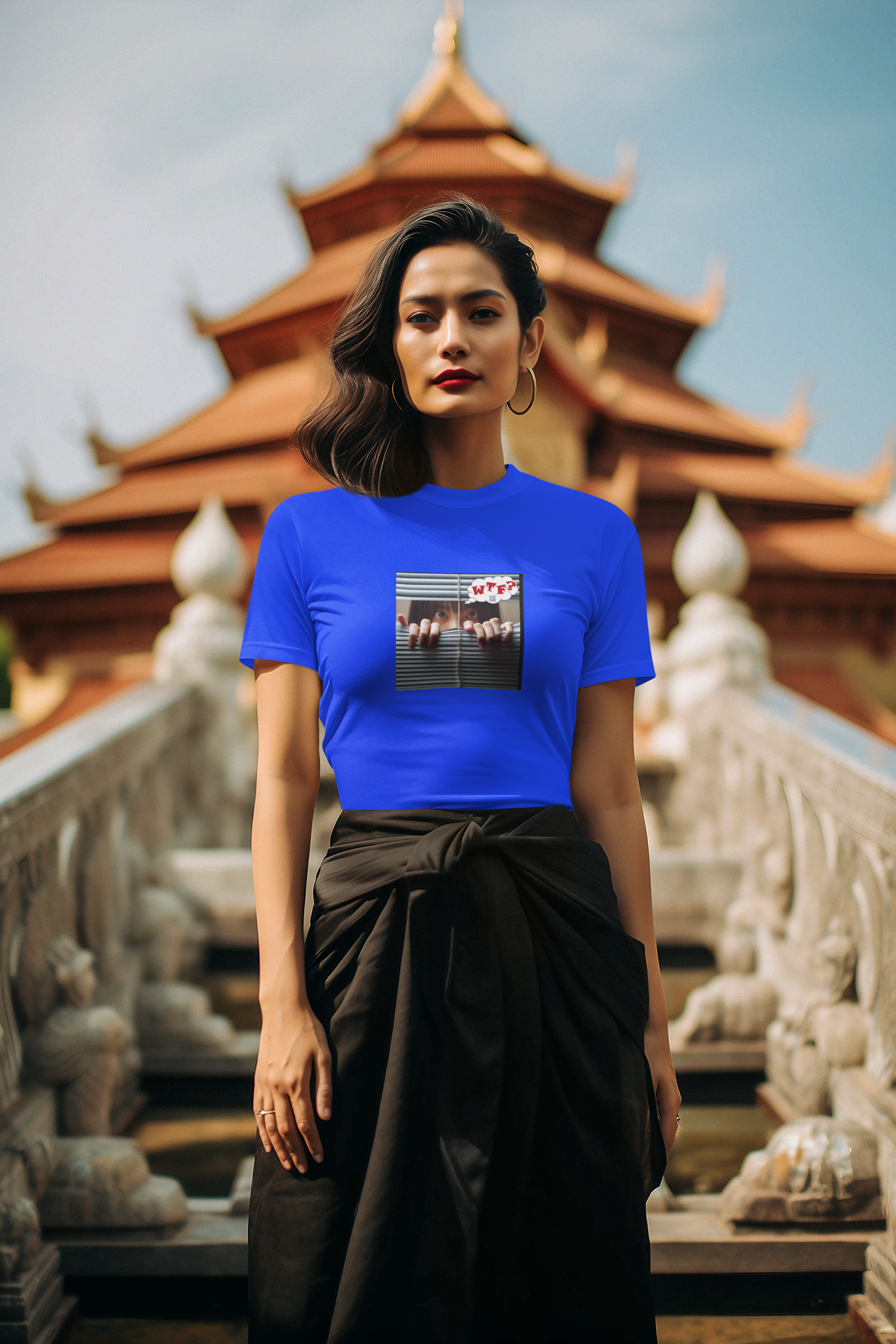WTF activist t-shirt Asian female model wearing blue shirt in front of a traditional Asian building.
