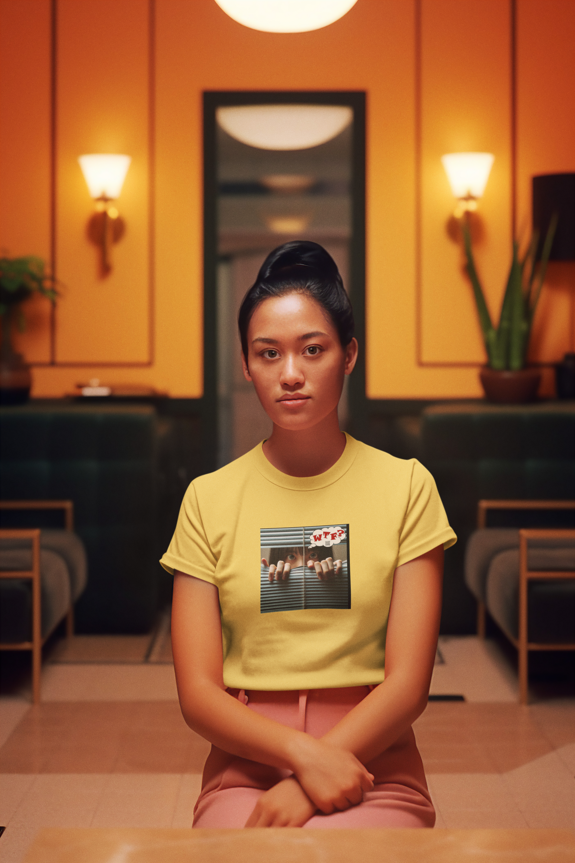 WTF activist t-shirt Asian female model wearing a yellow shirt indoors, sitting at a table in a stylish room.