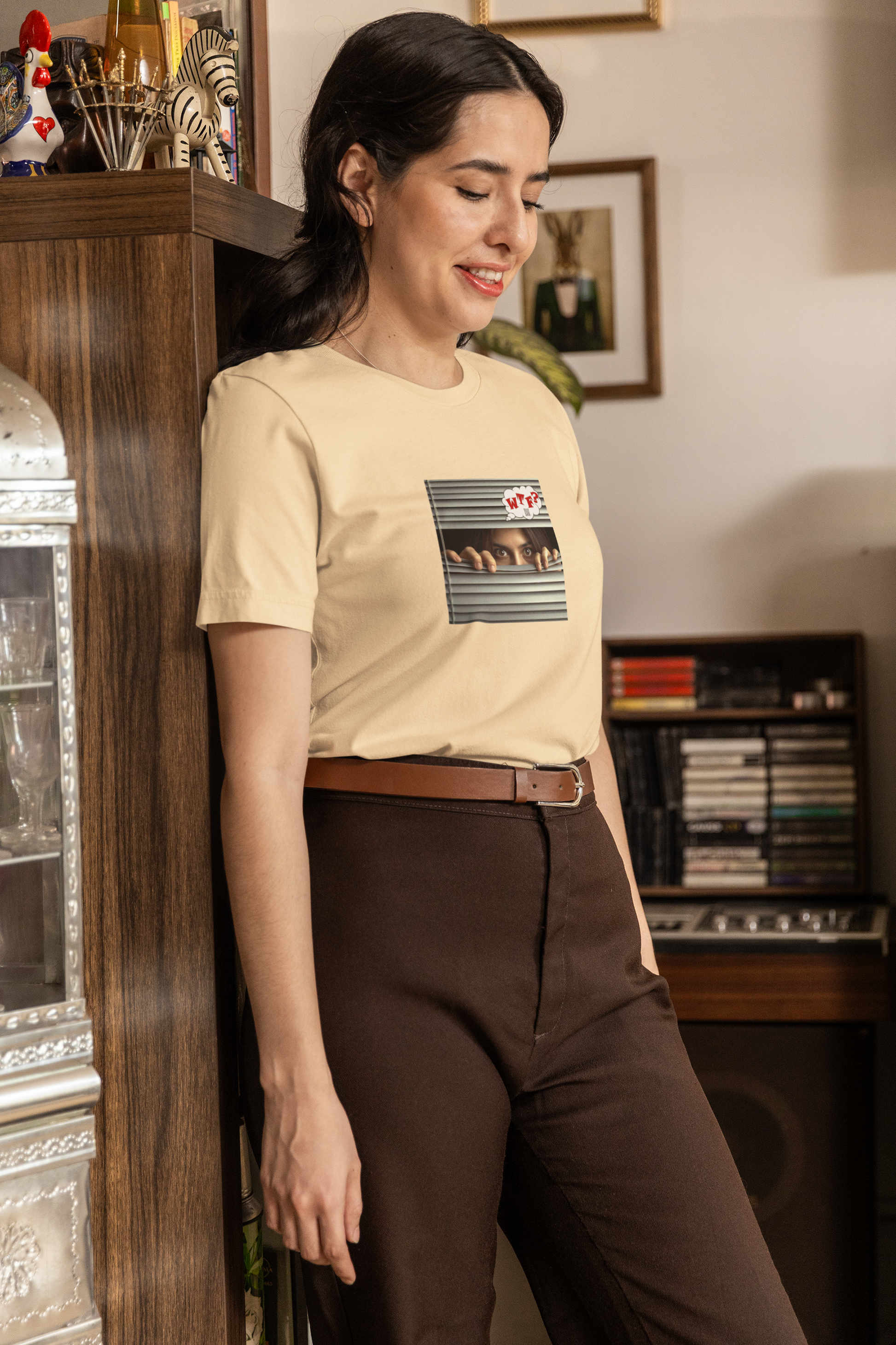 WTF Hispanic female activist t-shirt worn by a woman in a stylish vintage setting.